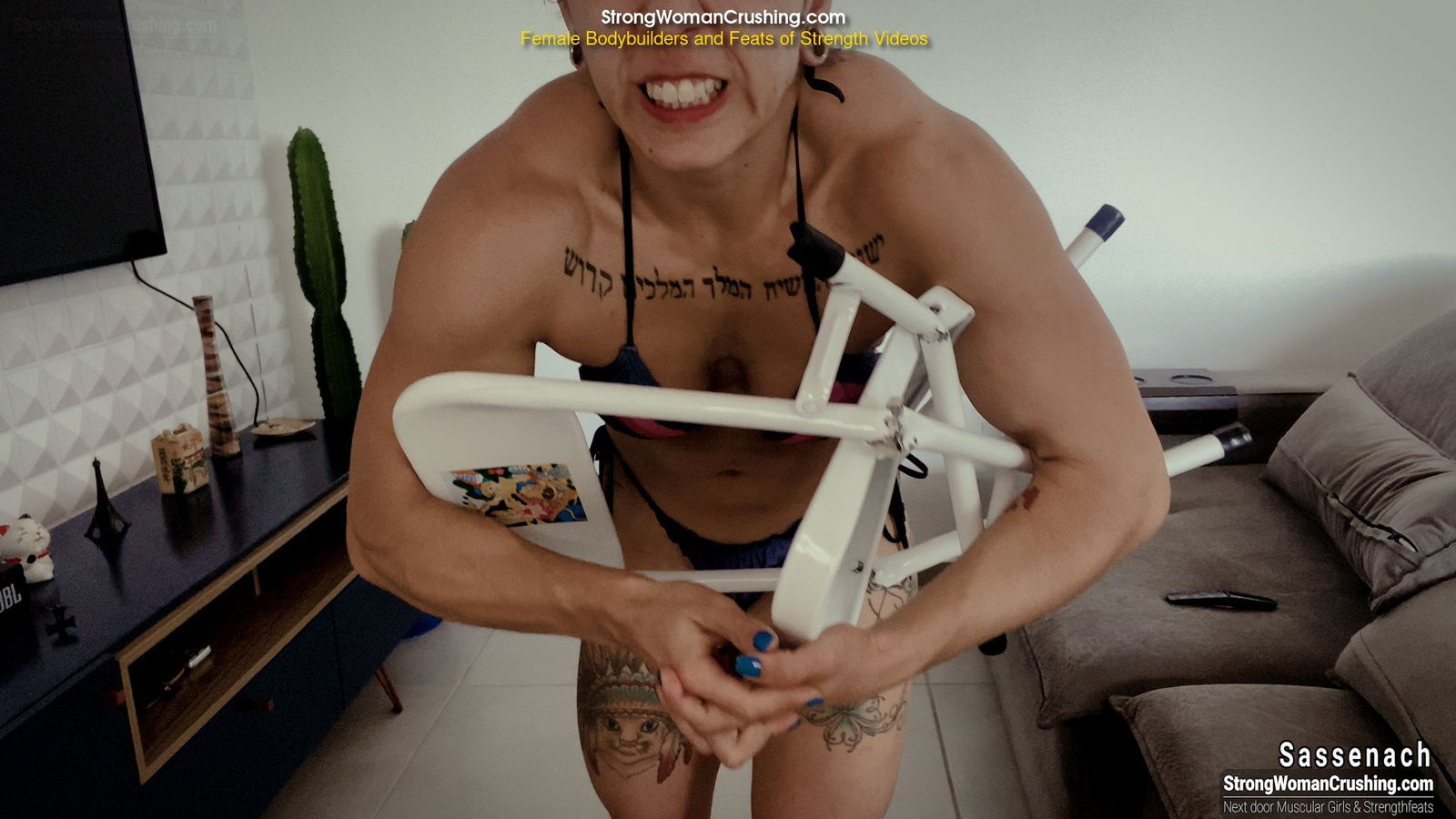 Album by MusclegirlStrength with the username @MusclegirlStrength, who is a brand user,  June 2, 2024 at 11:16 PM and the text says 'Sassenach Crushes Metal Chair with Her Bare Hands!:
https://www.strongwomancrushing.com/2022/05/09/sassenach-in-metal-chair-destruction/

Sassenach uses her colossal biceps and destroys a metal chair.

#musclegirl #musclegirllove #femalemuscle..'