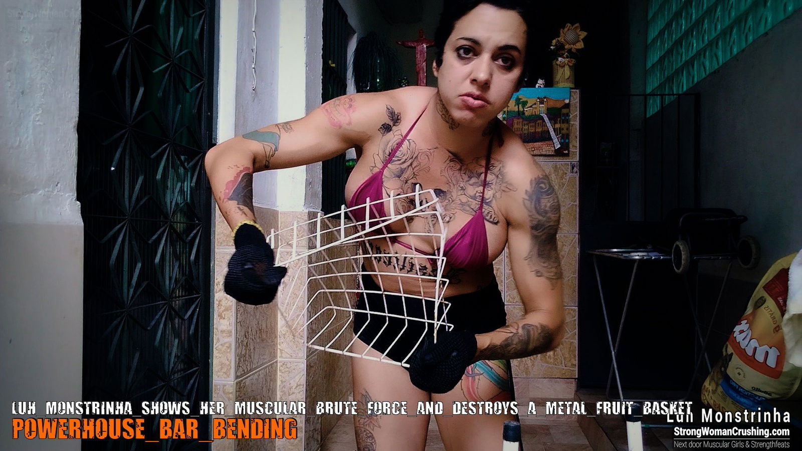 Album by MusclegirlStrength with the username @MusclegirlStrength, who is a brand user,  September 6, 2023 at 11:56 AM and the text says '💪😱 Watch Luh Monstrinha show her amazing muscular brute force as she destroys a metal fruit basket! 🍎🍊 Get your membership now to watch the full video 📽️ Visit www.strongwomancrushing.com #luhmonstrinha #strongwoman #femalestrength #powerlifting..'