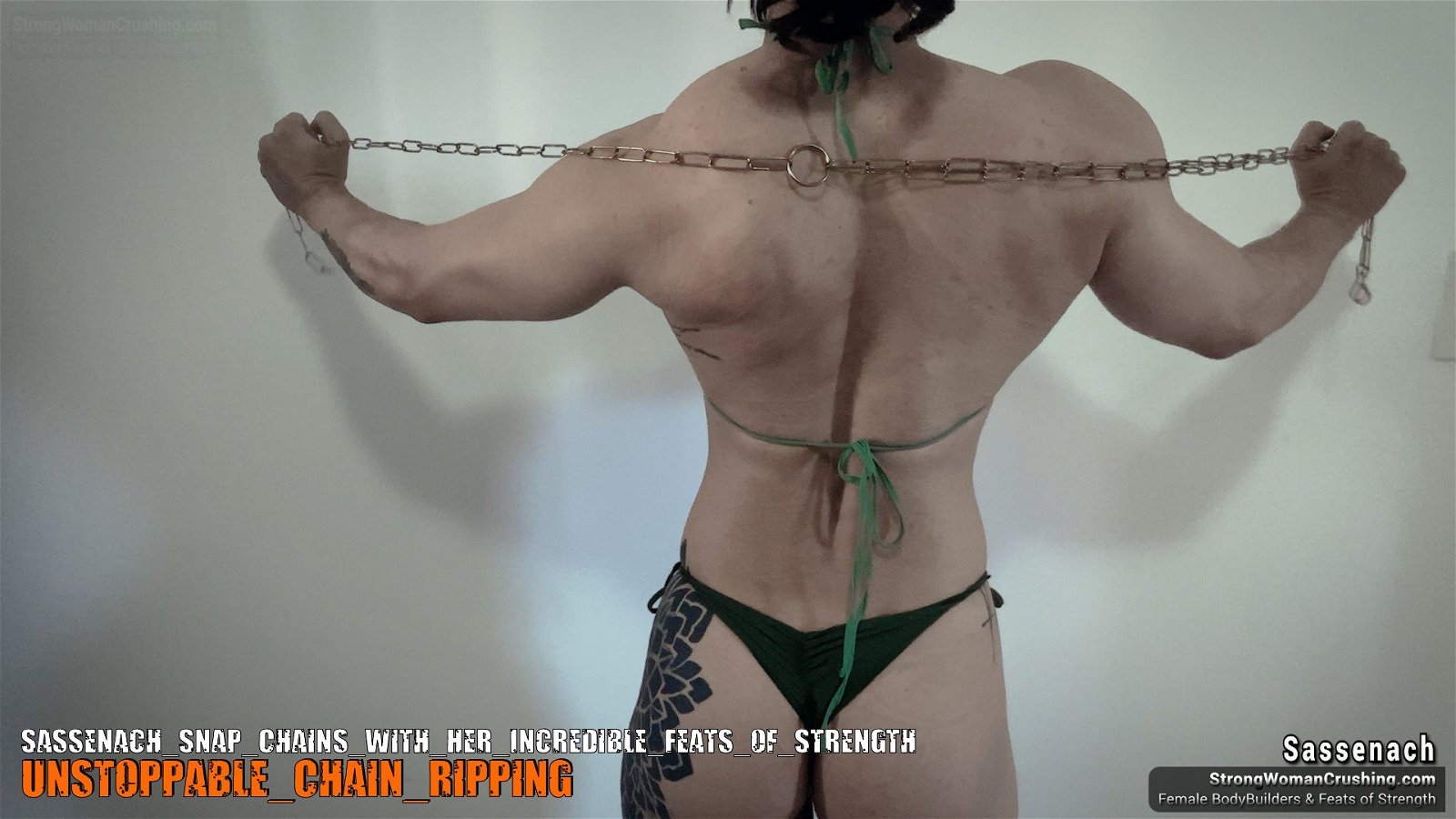 Photo by MusclegirlStrength with the username @MusclegirlStrength, who is a brand user,  August 28, 2023 at 12:23 PM and the text says '🤩Check out Her Incredible Feats of Strength with Sassenach and her Snap Chains! 💪🏼 💥 Get your membership to watch the video and support an awesome cause: https://www.strongwomancrushing.com/ 🤗 #strongwomen #snapchains #strength #womenempowerment..'