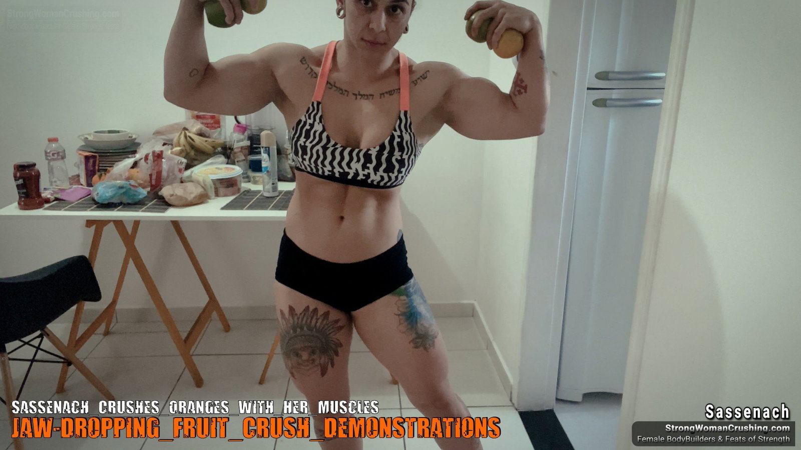 Photo by MusclegirlStrength with the username @MusclegirlStrength, who is a brand user,  September 25, 2023 at 11:42 AM and the text says '💪🏽Crush those oranges with Sassenach! 🍊 Check out our video on strongwomancrushing.com and become a member for only $8.99 💸 #strongwoman #crushit #Sassenach #oranges #membership'