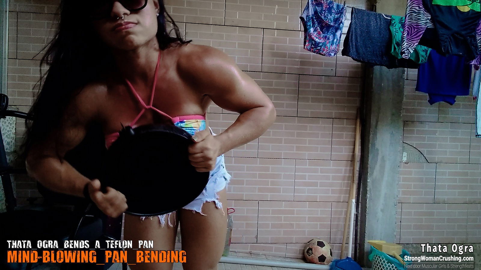 Album by MusclegirlStrength with the username @MusclegirlStrength, who is a brand user,  September 14, 2023 at 1:10 PM and the text says '💪🏼 Check out this 🤯 video of Thata Ogra bending a Teflon pan with her bare hands! 🤯 Get a membership to watch it now at www.strongwomancrushing.com 💪🏼 #strongwoman #thaogra #teflonpan #barehands #crushinggoals'