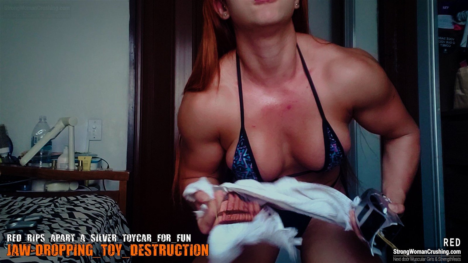 Photo by MusclegirlStrength with the username @MusclegirlStrength, who is a brand user, posted on October 12, 2023 and the text says '🔥 Watch RED unleash her power! 
💪💥 See her crush a silver toycar for pure excitement! Join the strength revolution at www.strongwomancrushing.com and witness more jaw-dropping feats of muscle domination! 
🚗💥 #MuscularWomen #FeatsOfStrength...'