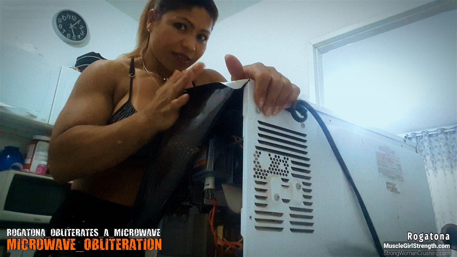 Photo by MusclegirlStrength with the username @MusclegirlStrength, who is a brand user,  January 6, 2024 at 12:53 PM and the text says 'Muscle Goddess Rogatona Crushes Microwave with Insane Strength!
Link: https://bit.ly/31e1Irb

Calling all muscle-loving men Witness the power of Rogatona as she flexes her incredible strength and muscles. Dont miss out on the action! Join our month..'