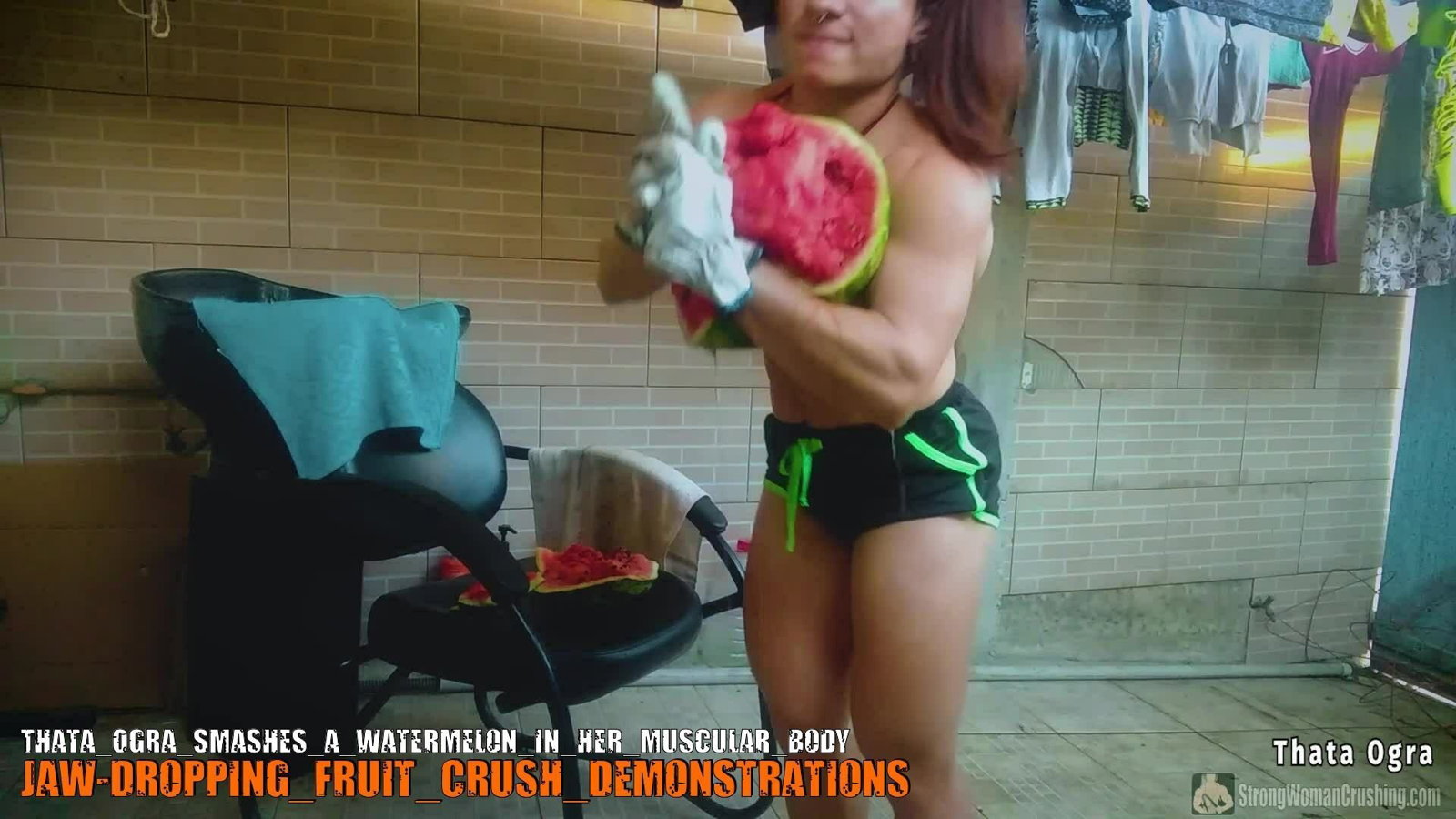 Photo by MusclegirlStrength with the username @MusclegirlStrength, who is a brand user,  September 29, 2023 at 4:16 PM and the text says '🍉💪🏽 Check out this awesome video of Thata Ogra smashing a watermelon with her muscular body! 🍉💪🏽 Get a membership to watch it now at www.strongwomancrushing.com #thataogra #strongwoman #watermeloncrush #muscularbody #crushingit'
