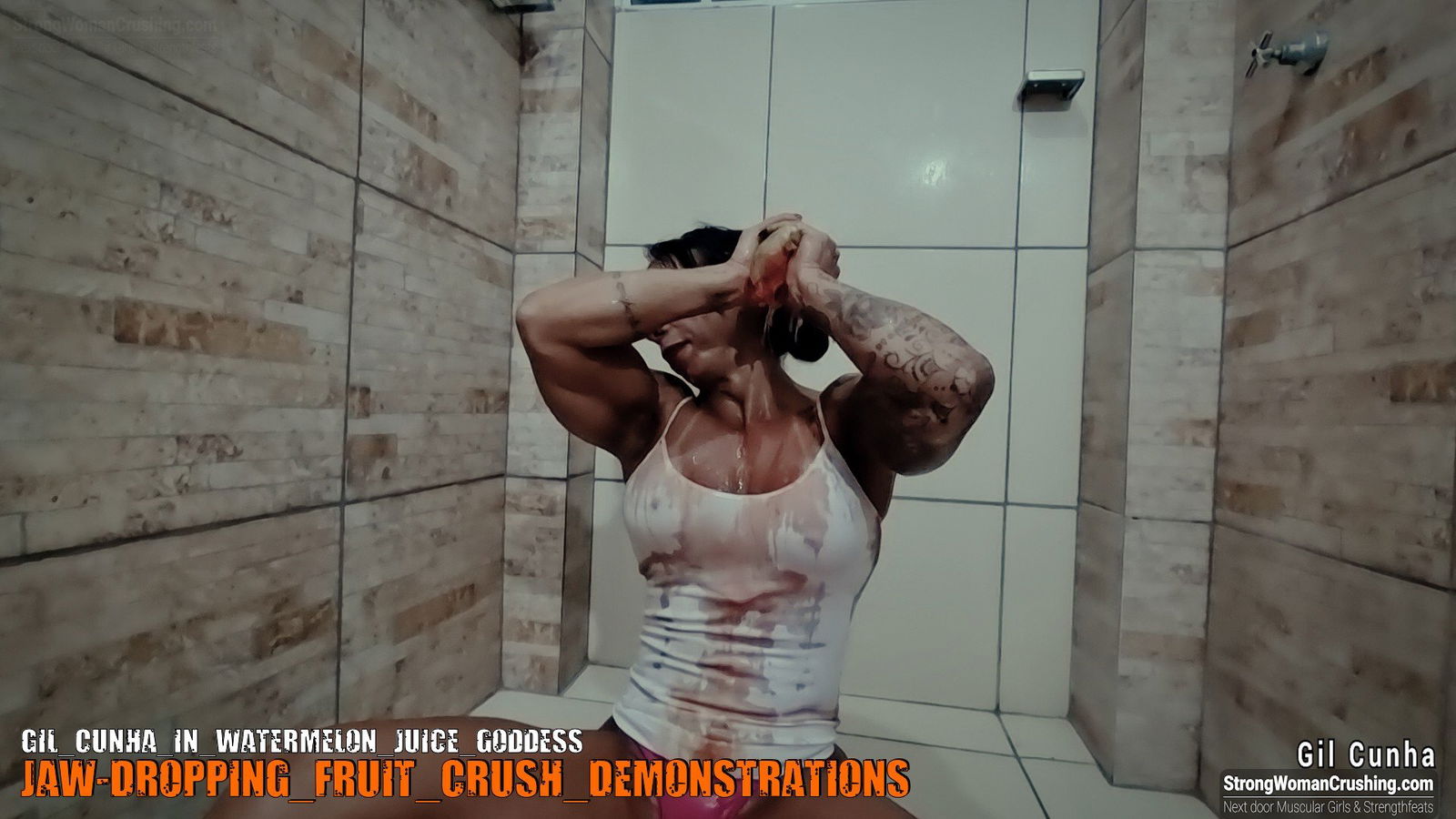 Photo by MusclegirlStrength with the username @MusclegirlStrength, who is a brand user,  October 21, 2023 at 1:30 PM and the text says '🔥 Join our membership and watch Gil Cunha in the Watermelon Juice Goddess video now! 🔥

Witness the stunning model, Gilcunha, crushing watermelons like a true goddess!

Visit www.strongwomancrushing.com

#femalebodybuilders #musclewomen..'