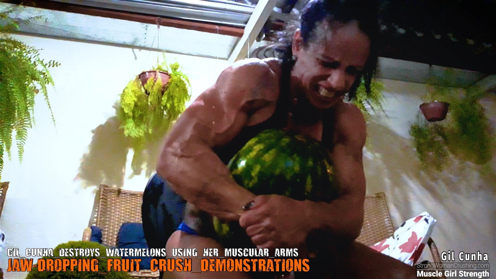 Photo by MusclegirlStrength with the username @MusclegirlStrength, who is a brand user,  October 1, 2023 at 3:52 AM and the text says '💪🏽 Get ready to witness Gil Cunha crush watermelons with her muscular arms! 🍉👊🏽 Get your membership to watch the full video now at www.strongwomancrushing.com 🤩 #GilCunha #WatermelonCrushing #StrongWoman #MuscularArms #CrushIt'