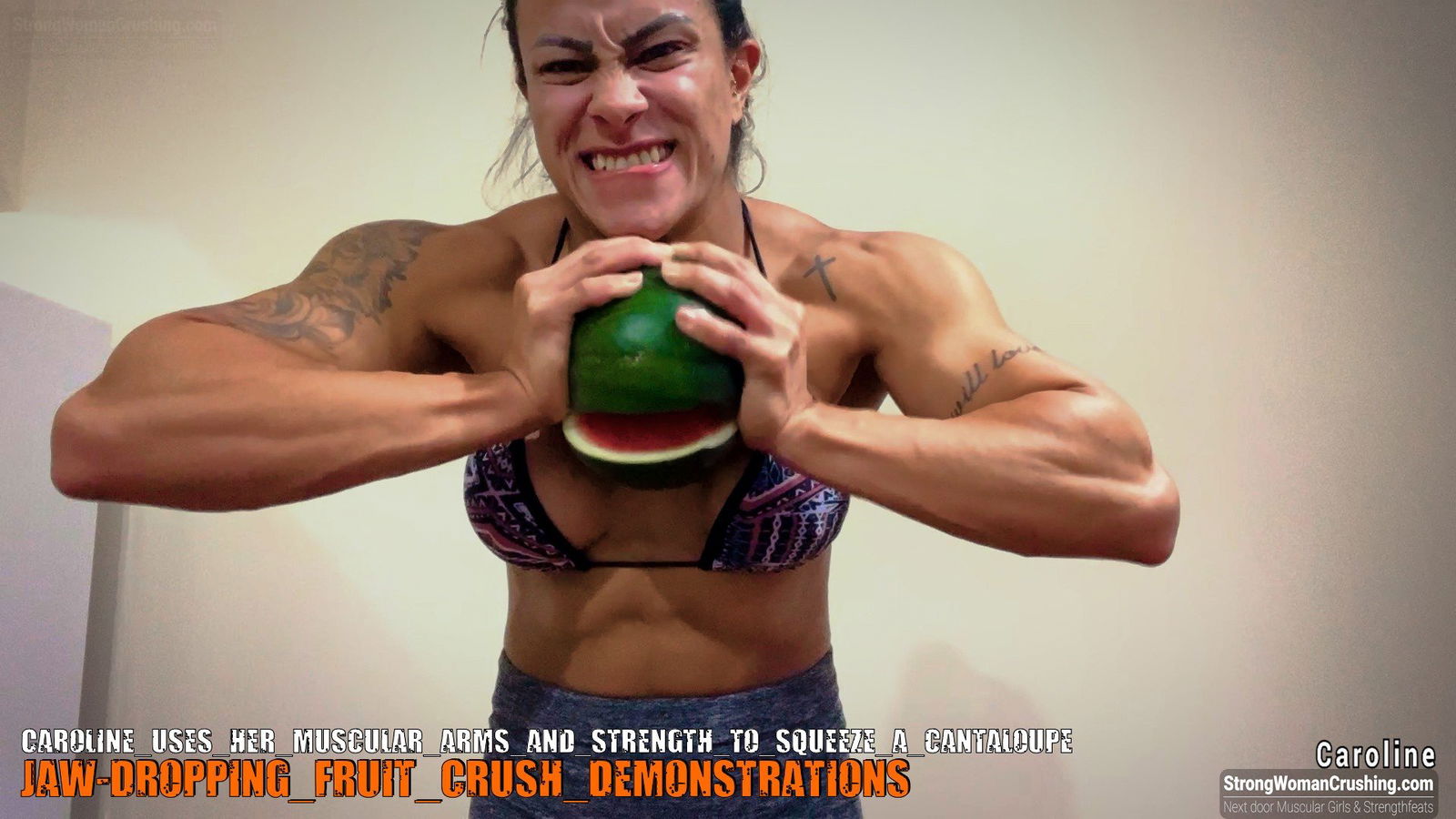 Album by MusclegirlStrength with the username @MusclegirlStrength, who is a brand user,  October 8, 2023 at 4:35 PM and the text says '🚺💪🍈 Want to witness Caroline's incredible strength? 🎥🔥 Join our community at www.strongwomancrushing.com and get exclusive access to her mind-blowing cantaloupe squeezing video! 💥📲 Don't miss out on this powerful display! 💯💻 #StrongWomanCrushing..'