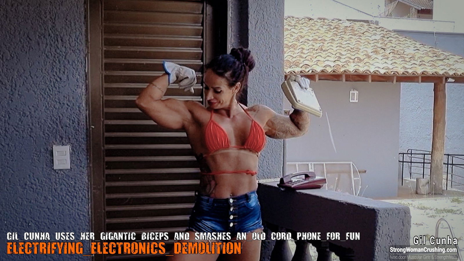 Album by MusclegirlStrength with the username @MusclegirlStrength, who is a brand user,  October 29, 2023 at 12:29 PM and the text says '🔓 www.StrongWomanCrushing.com 🔓

🔥 Get a Membership to Watch Gil Cunha Crush an Old Cord Phone with her Gigantic Biceps! 🔥
Are you a man who loves muscular women and their powerful muscles? Don't miss out on this incredible video featuring Gil..'