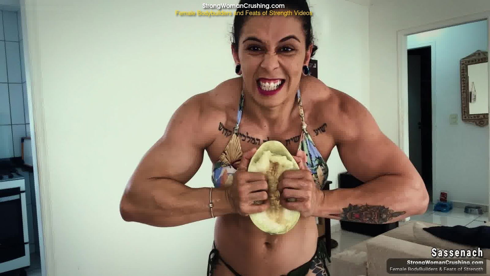 Album by MusclegirlStrength with the username @MusclegirlStrength, who is a brand user,  April 28, 2024 at 5:53 AM and the text says 'Scottish Sassenach Crushes Melon with Insane Muscle Power!: StrongWomanCrushing.com

#musclegirl #musclegirllove #femalemuscle #femalemuscles #featsofstrength #MuscleCrush #FruitPower #StrongWomen'