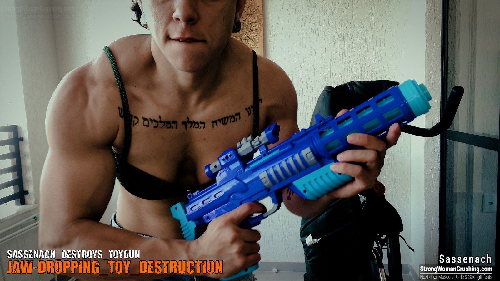 Photo by MusclegirlStrength with the username @MusclegirlStrength, who is a brand user,  October 2, 2023 at 5:16 PM and the text says '💥💥💥 Check out the 🔥 video of Sassenach destroying a toy gun! 💥💥💥 Get your membership now to watch it at www.strongwomancrushing.com 💪 #Sassenach #StrongWoman #ToyGunDestruction #CrushingIt #Membership'