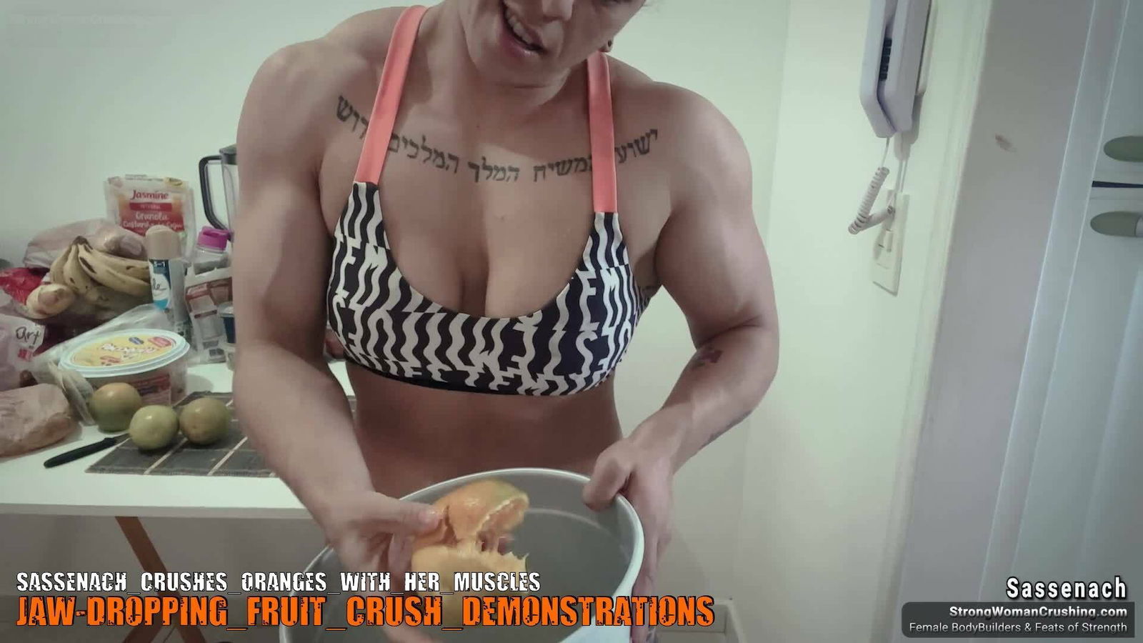 Album by MusclegirlStrength with the username @MusclegirlStrength, who is a brand user,  October 18, 2023 at 3:55 AM and the text says '💪🍊 Witness the power of #muscularfemales as Sassenach annihilates oranges with her sheer strength!

😱🔥 Don't miss out on this jaw-dropping video! Join now at www.strongwomancrushing.com and unlock a world of muscle domination!

💥💪..'