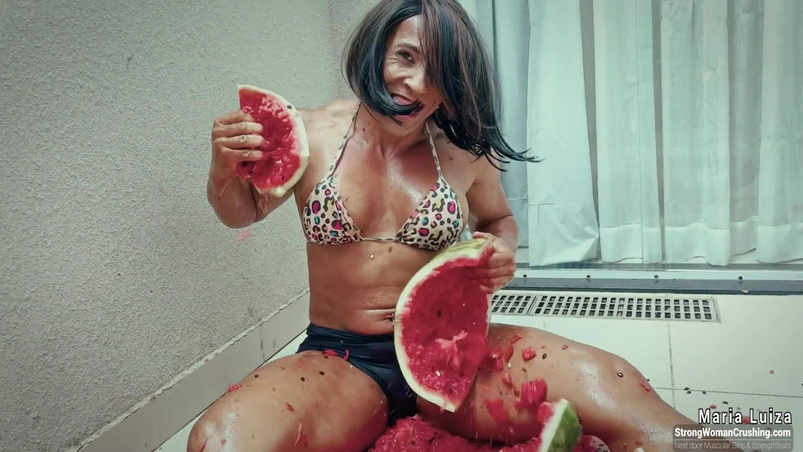 Photo by MusclegirlStrength with the username @MusclegirlStrength, who is a brand user,  July 17, 2023 at 3:51 PM and the text says '👀 Check out Maria Luiza as her incredible strength crushes a watermelon! 🍉 Get your membership now to watch the video at StrongWomanCrushing.com 🤩 #strongwoman #crush #power #watermelon #marialuiza'