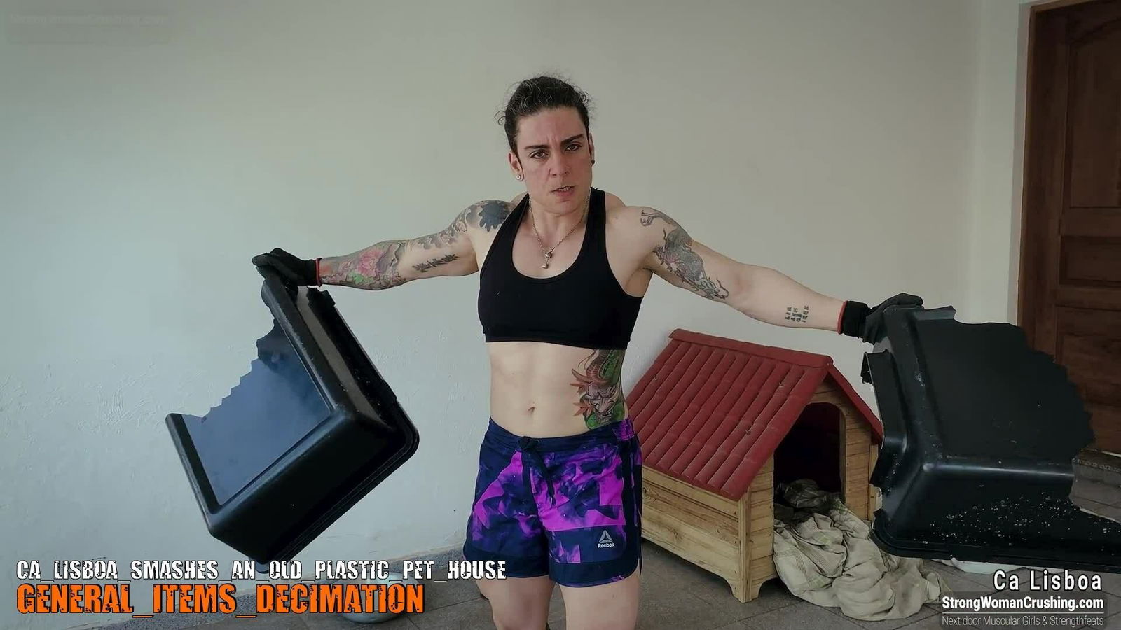 Album by MusclegirlStrength with the username @MusclegirlStrength, who is a brand user,  October 30, 2023 at 11:33 AM and the text says 'Visit www.StrongWomanCrushing.com and become a member today!

🔥 Calling all muscle-loving men! Watch Ca Lisboa unleash her power and demolish an old plastic pet house! 💪

Don't miss out on this jaw-dropping display of strength and destruction by the..'