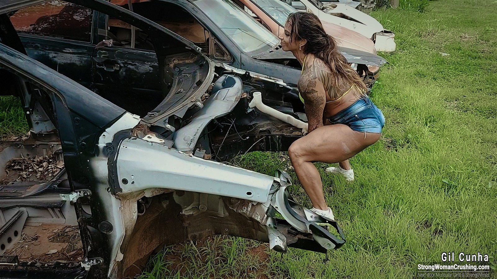 Photo by MusclegirlStrength with the username @MusclegirlStrength, who is a brand user,  August 23, 2023 at 3:22 PM and the text says '💪🏽 Pump up your muscles with Gil Cunha! 💪🏽 Get a membership to watch her video and learn how she uses a scrap car to do it. 🚗 Visit https://www.strongwomancrushing.com/ 💪🏽 #strongwoman #scrapcar #musclepump #GilCunha #strongwomancrushing'