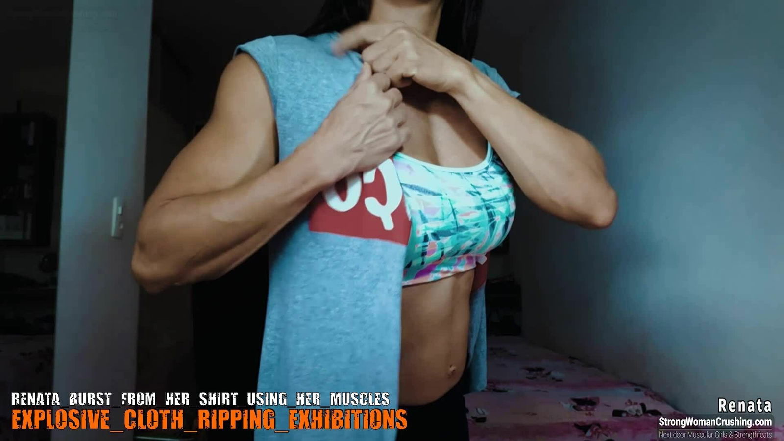 Album by MusclegirlStrength with the username @MusclegirlStrength, who is a brand user,  October 16, 2023 at 3:01 PM and the text says '🔥 Witness the jaw-dropping power of Renata as she bursts from her shirt with sheer muscle force! 
💪💥 Don't miss out on this mind-blowing display of strength and destruction. Watch the video NOW at www.strongwomancrushing.com! 🎥💻🔓

#MuscularFeats..'