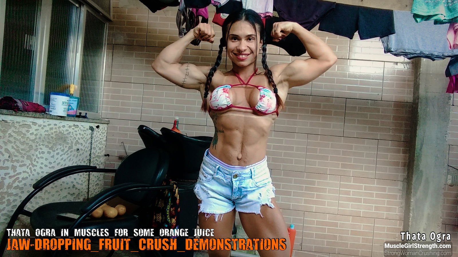 Album by MusclegirlStrength with the username @MusclegirlStrength, who is a brand user,  September 19, 2023 at 3:21 PM and the text says '😋🍊💪 Check out this awesome video of ThatAOgra smashing some delicious orange juice! Get your membership to watch this and more at www.strongwomancrushing.com #StrongWomanCrushing #ThatAOgra #OrangeJuice #MusclePower #VideoContent'