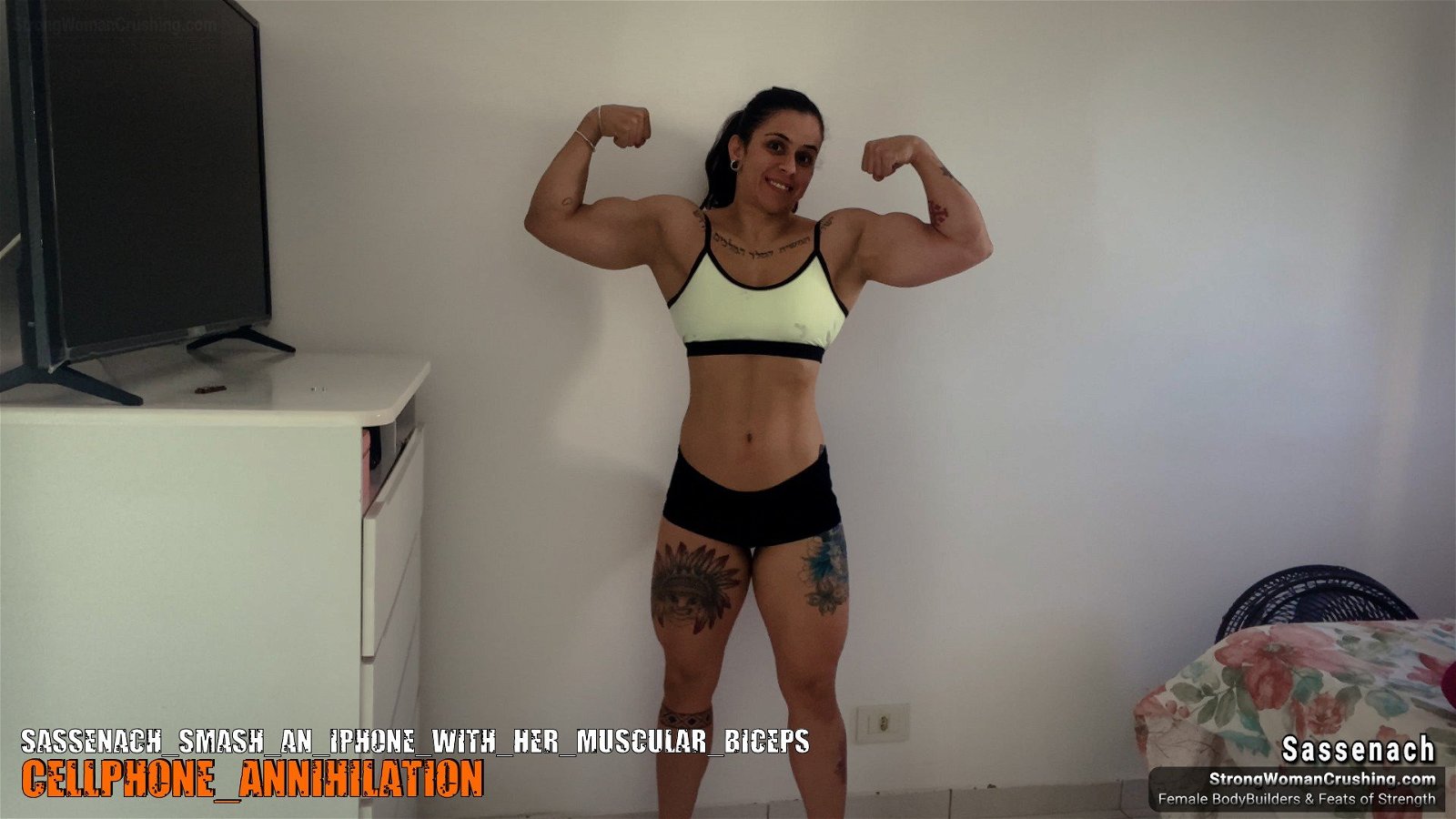 Photo by MusclegirlStrength with the username @MusclegirlStrength, who is a brand user,  September 6, 2023 at 3:05 PM and the text says 'Smash that iPhone 👊 with Sassenach's Muscular Biceps! 💪 Get your membership now to watch this amazingly strong woman 💪🏼💥 at www.strongwomancrushing.com 🌐 #StrongWomen #Sassenach #Biceps #CrushingGoals #PowerfulWoman'