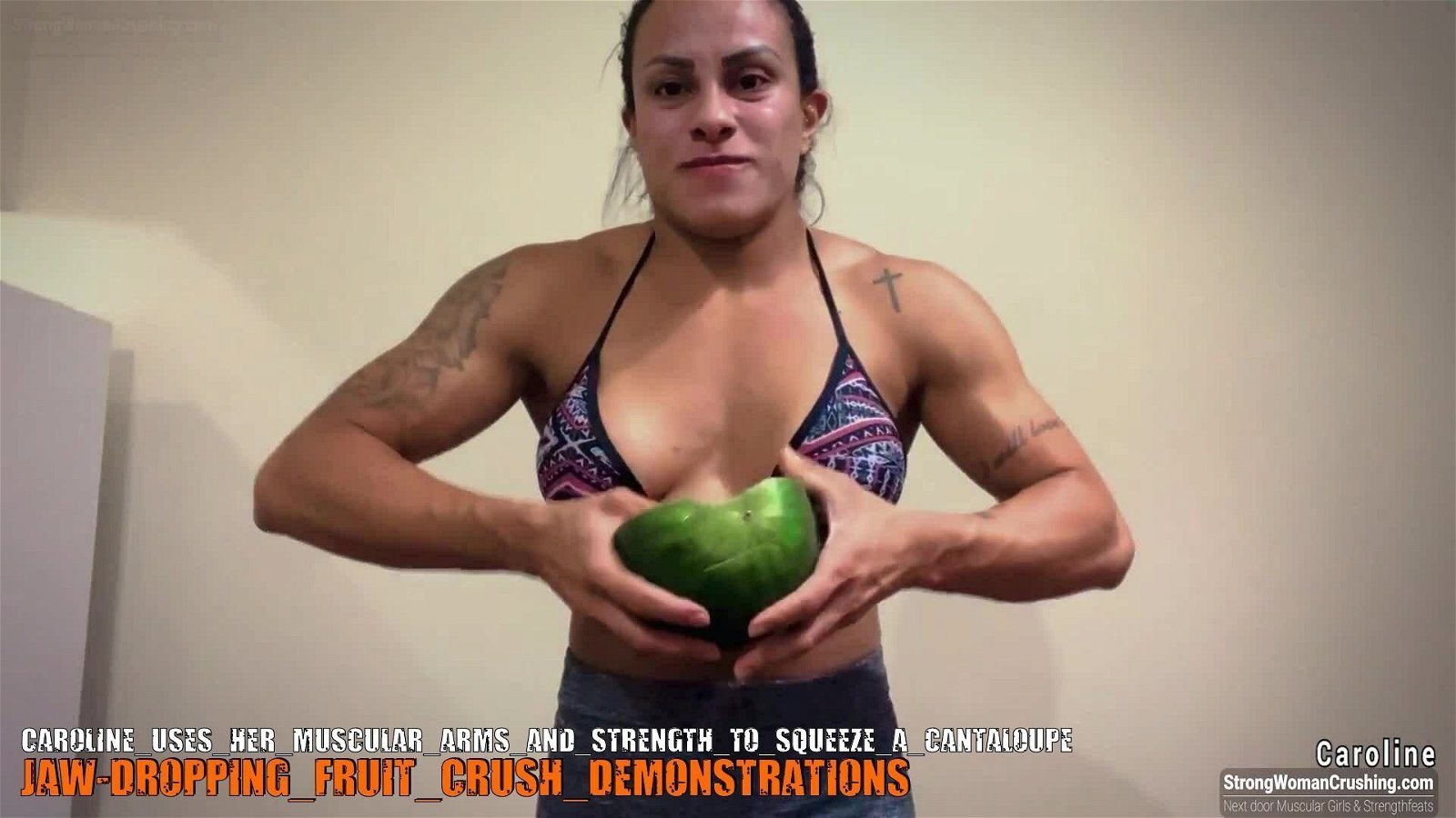 Photo by MusclegirlStrength with the username @MusclegirlStrength, who is a brand user,  September 26, 2023 at 7:50 PM and the text says '👩‍💪 Check out Caroline use her #musculararms and #strength to squeeze a 🍈! Get a #membership now to watch the amazing video on www.strongwomancrushing.com 📹 #womempowerment #femalestrength'