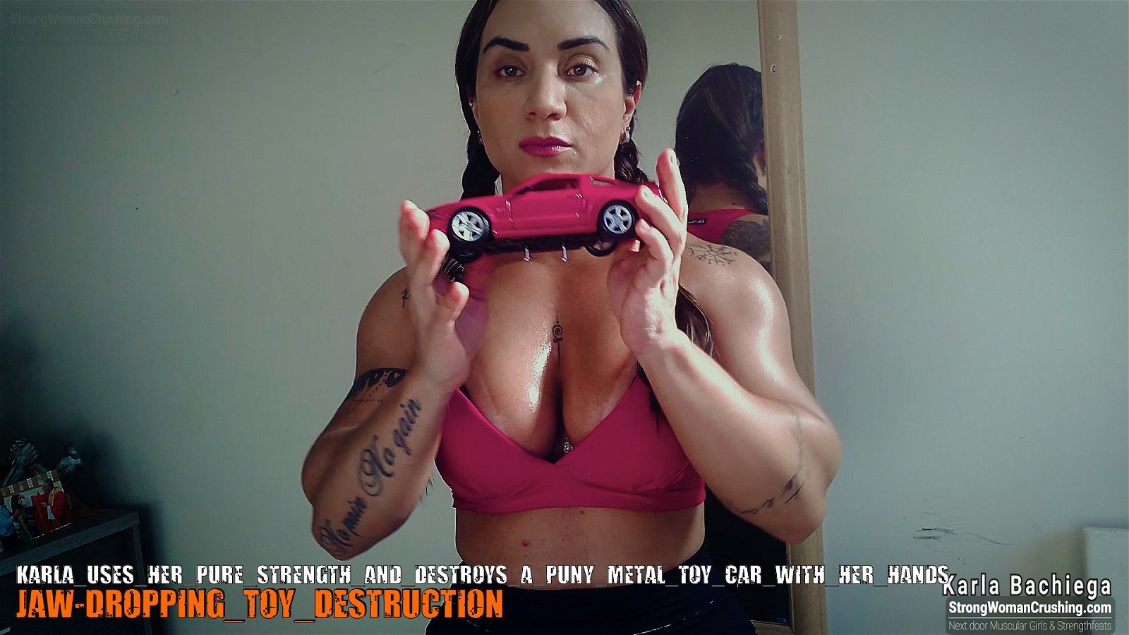 Photo by MusclegirlStrength with the username @MusclegirlStrength, who is a brand user,  September 7, 2023 at 2:32 PM and the text says '💪🔥 Watch Karla use her pure strength to destroy a puny metal toy car with her hands! 🚗 Unlock exclusive content with a membership to www.strongwomancrushing.com 🤩 #StrongWomanCrushing #PowerfulWomen #FemaleStrength #FemaleEmpowerment #WomenInAction'