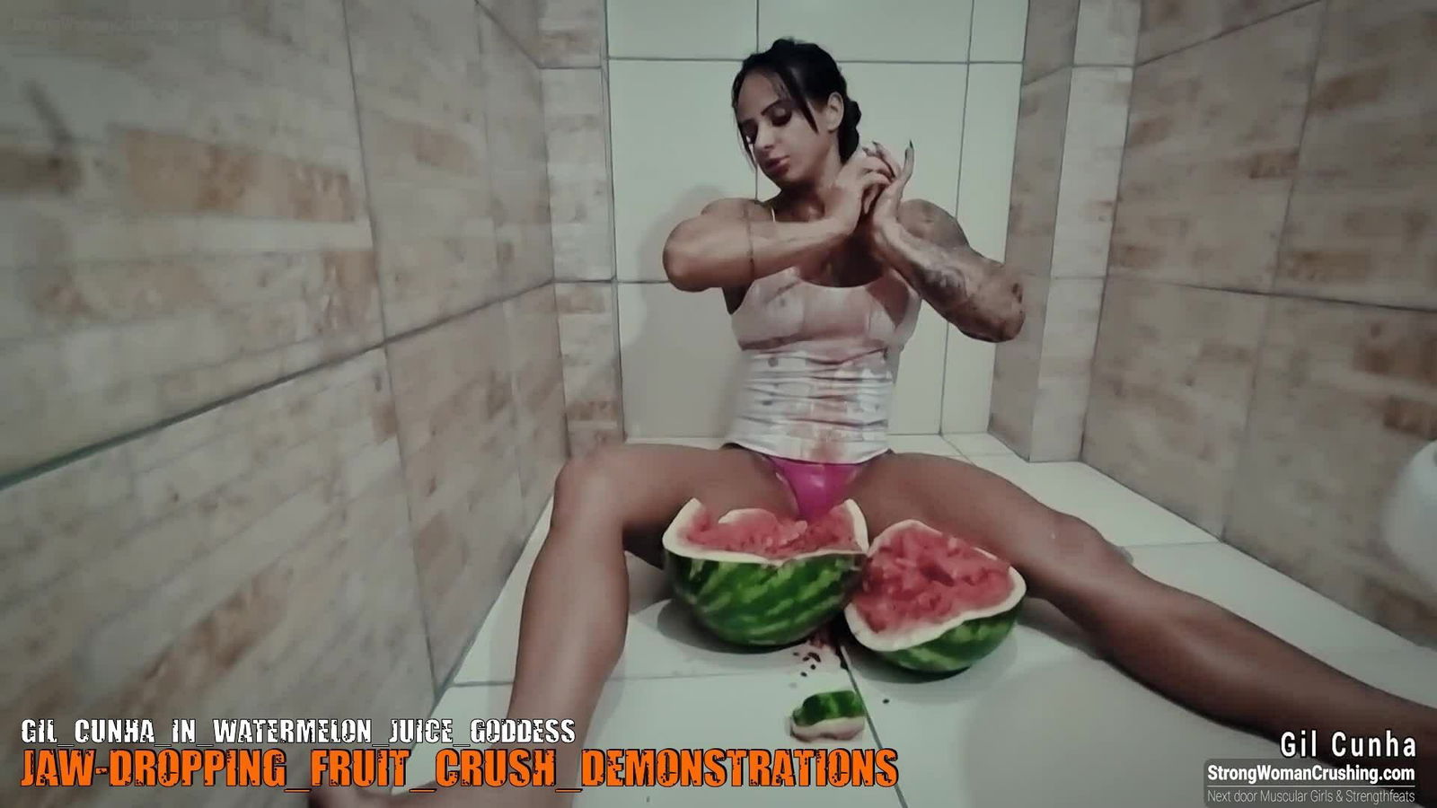 Photo by MusclegirlStrength with the username @MusclegirlStrength, who is a brand user,  October 21, 2023 at 1:30 PM and the text says '🔥 Join our membership and watch Gil Cunha in the Watermelon Juice Goddess video now! 🔥

Witness the stunning model, Gilcunha, crushing watermelons like a true goddess!

Visit www.strongwomancrushing.com

#femalebodybuilders #musclewomen..'