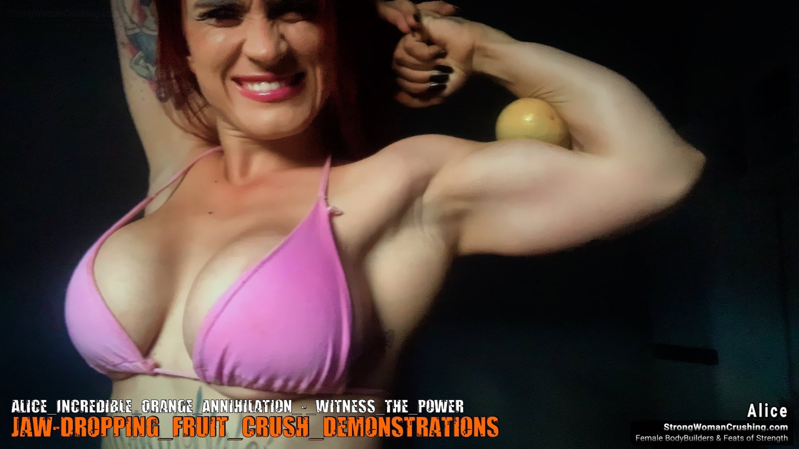Photo by MusclegirlStrength with the username @MusclegirlStrength, who is a brand user,  January 12, 2024 at 3:14 PM and the text says 'Muscle Goddess Alice Obliterates Oranges - Prepare to be Amazed!
Full Video: https://bit.ly/48oxkYE

#MuscularFemaleBodybuilders #StrongGirlsRock #SensualStrength #FlexingFemales #BendItLikeMuscleGirls #LiftLikeALady #CrushItWithHerStrength..'