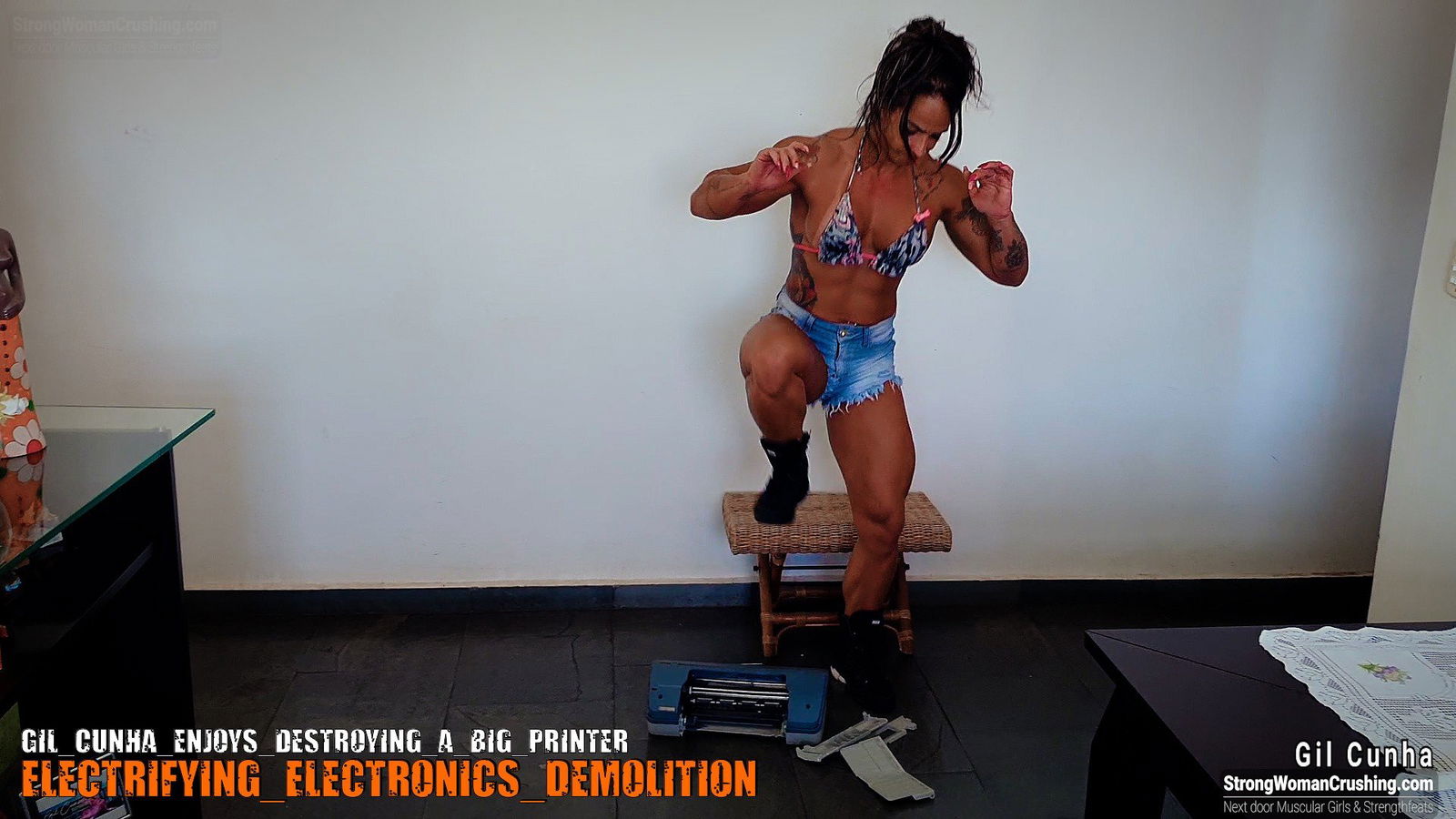 Photo by MusclegirlStrength with the username @MusclegirlStrength, who is a brand user,  October 22, 2023 at 3:27 PM and the text says '🎥 Watch Gil Cunha Crush a Big Printer! 🖨️

👀 Don't miss out on this epic destruction video! Get a membership now to witness Gil Cunha's incredible strength and power as she obliterates a massive printer. 💪🔥

🔗 Visit www.strongwomancrushing.com
..'