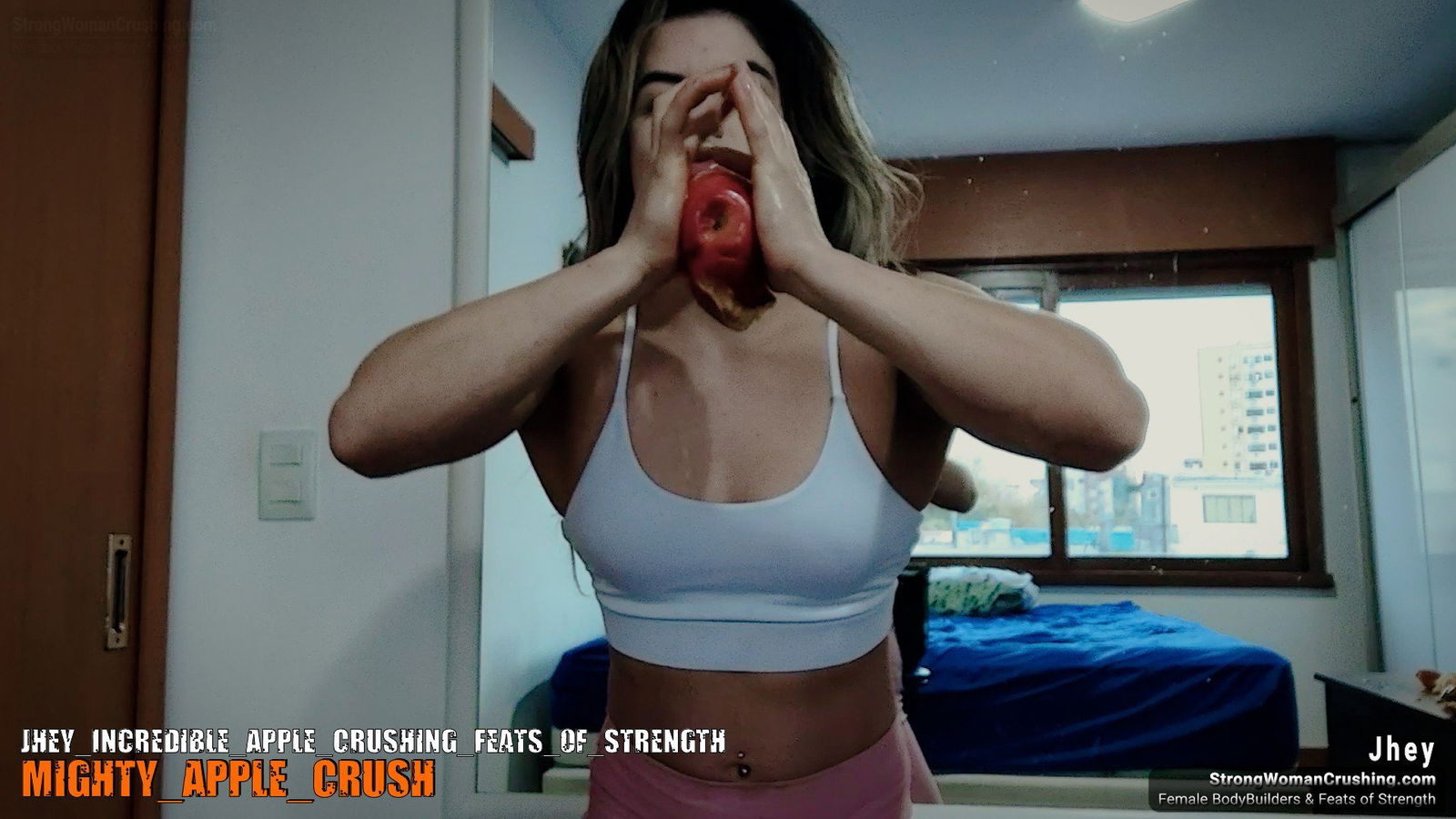 Album by MusclegirlStrength with the username @MusclegirlStrength, who is a brand user,  December 2, 2023 at 2:57 PM and the text says '🚨 Witness the jaw-dropping strength of Jhey as she pulverizes apples with her phenomenal muscles 
💥 Be part of the #strongwomen revolution! 

💪🔗: https://StrongWomanCrushing.com 
💪 Membership Starts at $8.99! 

#femalebodybuilder #musclewomen..'