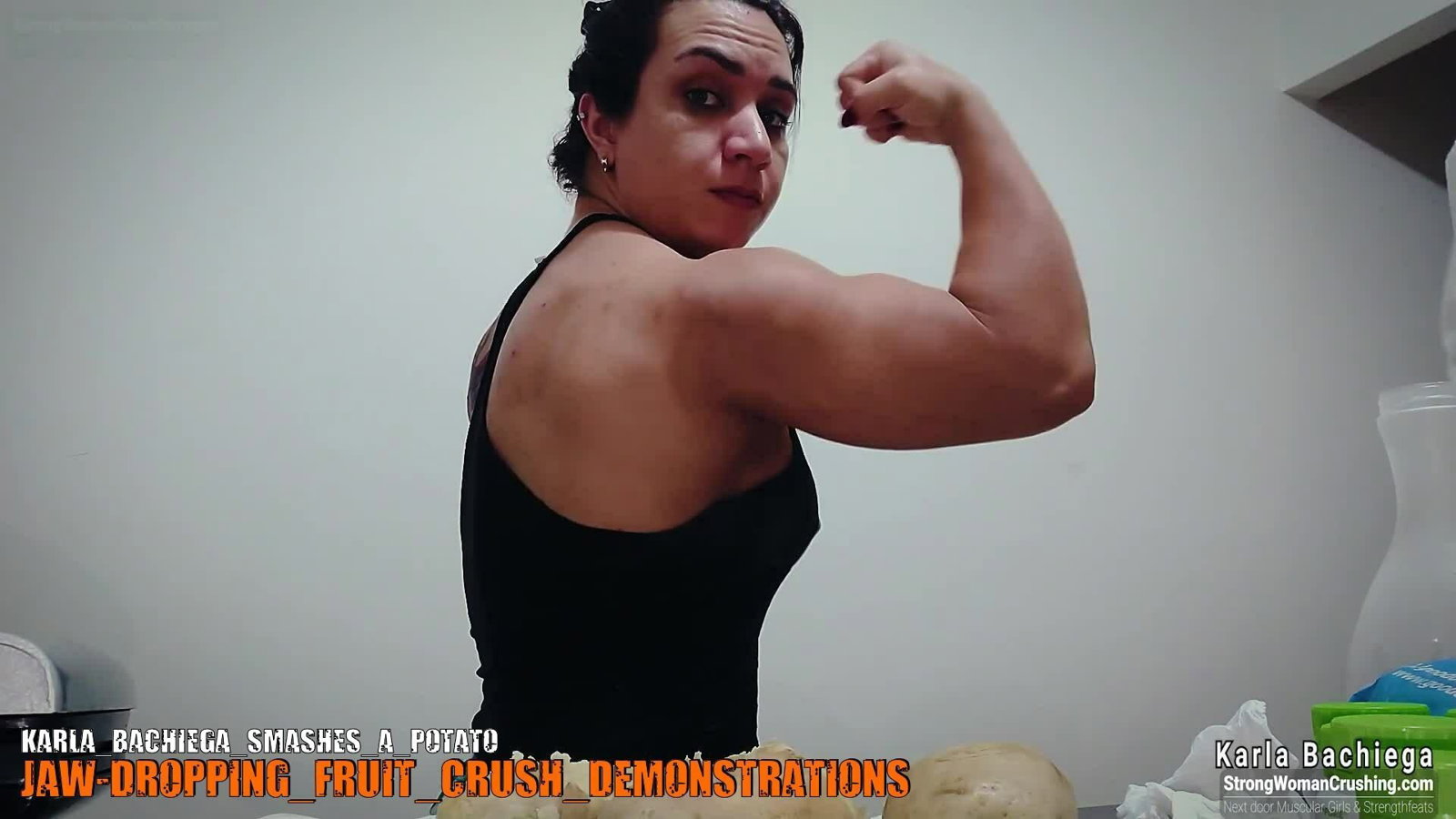 Photo by MusclegirlStrength with the username @MusclegirlStrength, who is a brand user,  October 3, 2023 at 2:07 AM and the text says '👊🥔💪 Check out this video of Strong Woman Karla Bachiega smashing a potato! 🛒 Get your membership to watch it at www.strongwomancrushing.com 🔥 #strongwoman #karla #potato #smashthepatriarchy #empowerment'