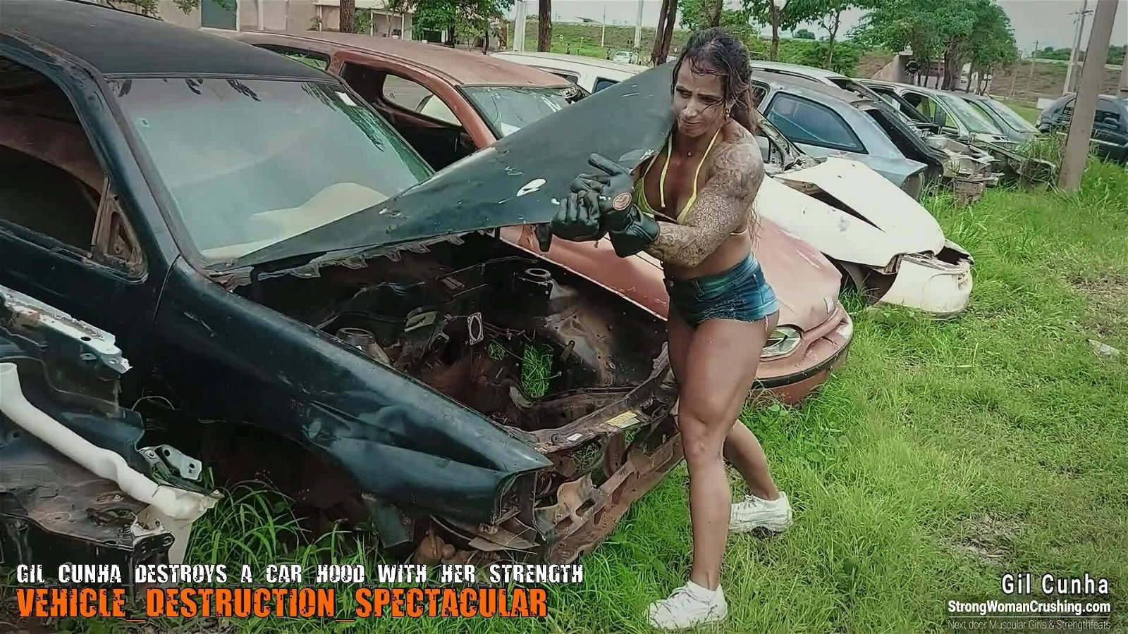 Photo by MusclegirlStrength with the username @MusclegirlStrength, who is a brand user,  September 17, 2023 at 1:02 AM and the text says '💪🔥Check out this incredible video of Gil Cunha destroying a car hood with her strength! 💪🔥Visit www.strongwomancrushing.com to get a membership and watch the video! 🔥 #strongwoman #GilCunha #crushinggoals #carhood #strength'