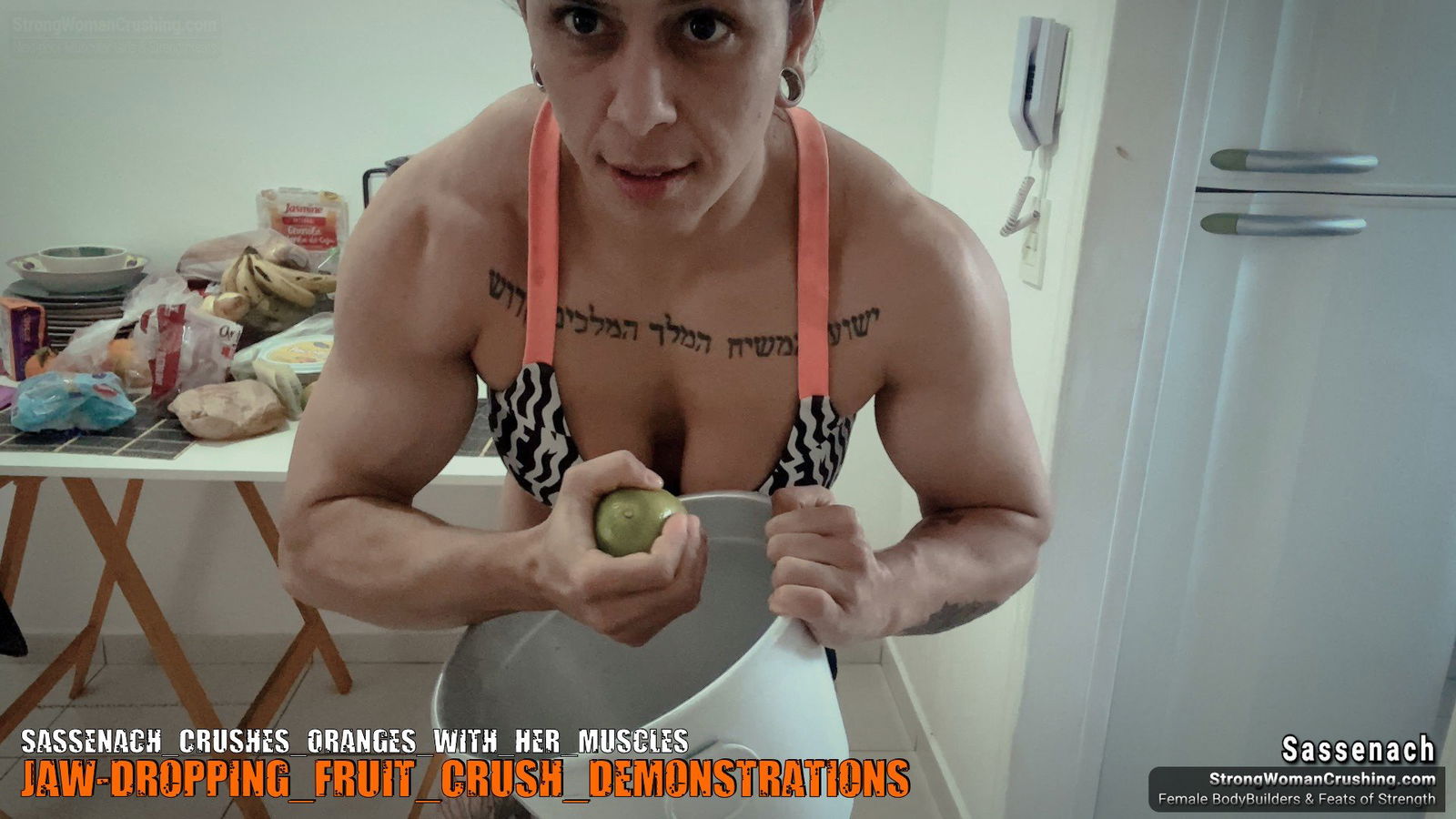 Album by MusclegirlStrength with the username @MusclegirlStrength, who is a brand user,  October 18, 2023 at 3:55 AM and the text says '💪🍊 Witness the power of #muscularfemales as Sassenach annihilates oranges with her sheer strength!

😱🔥 Don't miss out on this jaw-dropping video! Join now at www.strongwomancrushing.com and unlock a world of muscle domination!

💥💪..'