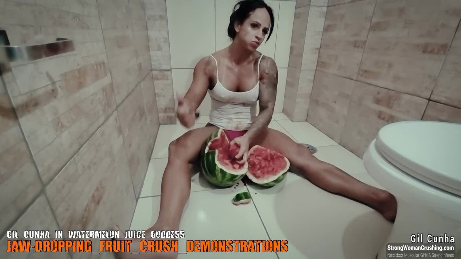 Photo by MusclegirlStrength with the username @MusclegirlStrength, who is a brand user,  October 21, 2023 at 1:30 PM and the text says '🔥 Join our membership and watch Gil Cunha in the Watermelon Juice Goddess video now! 🔥

Witness the stunning model, Gilcunha, crushing watermelons like a true goddess!

Visit www.strongwomancrushing.com

#femalebodybuilders #musclewomen..'