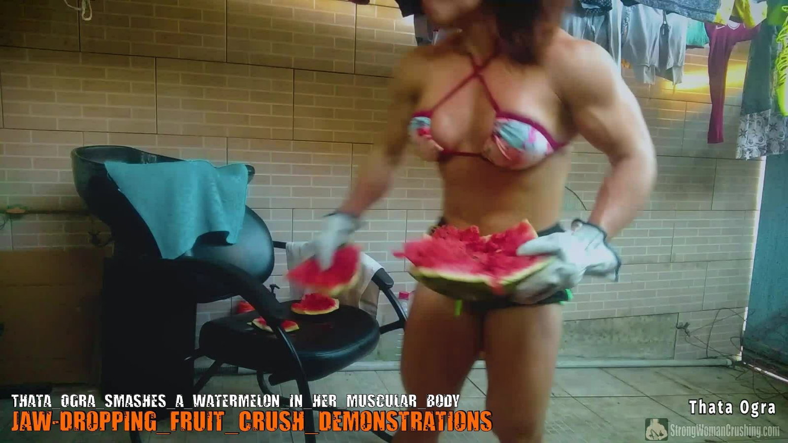Photo by MusclegirlStrength with the username @MusclegirlStrength, who is a brand user,  September 29, 2023 at 4:16 PM and the text says '🍉💪🏽 Check out this awesome video of Thata Ogra smashing a watermelon with her muscular body! 🍉💪🏽 Get a membership to watch it now at www.strongwomancrushing.com #thataogra #strongwoman #watermeloncrush #muscularbody #crushingit'