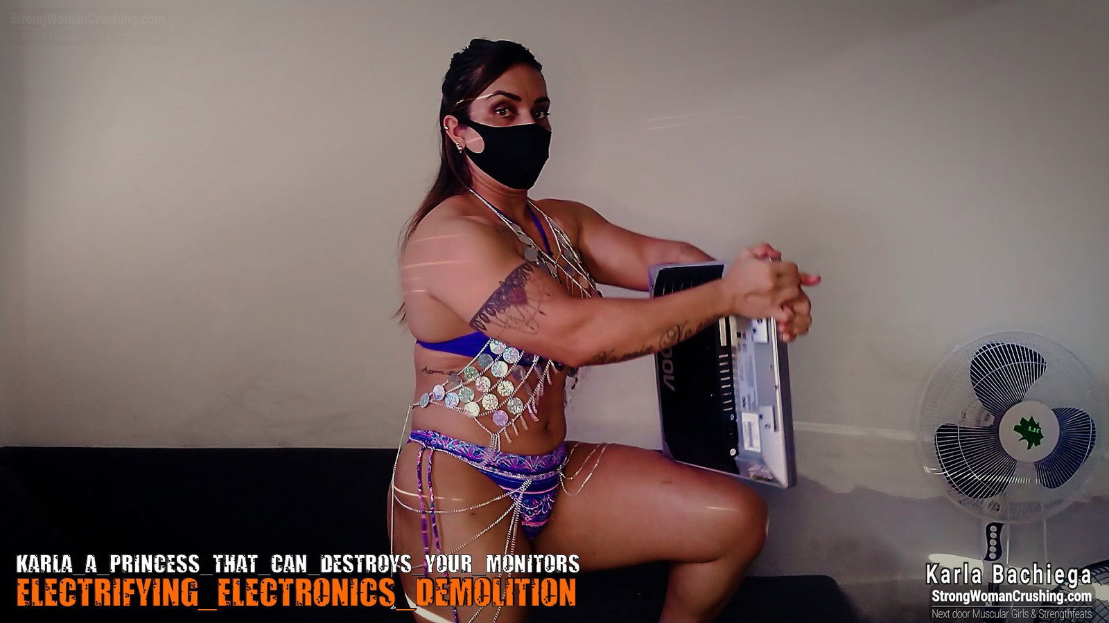 Album by MusclegirlStrength with the username @MusclegirlStrength, who is a brand user,  August 25, 2023 at 5:39 PM and the text says '👑 Check out Karla, the princess with the power to crush your monitors! 🤩 Get a membership to watch the video now at https://www.strongwomancrushing.com/ 🤩 #karla #princesspower #monitorcrushing #strongwoman #crushingit'