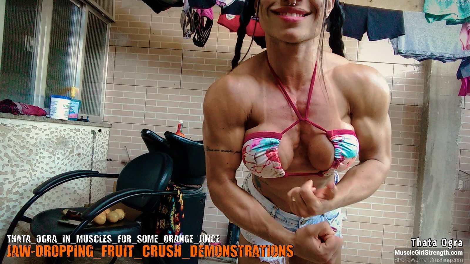 Album by MusclegirlStrength with the username @MusclegirlStrength, who is a brand user,  September 19, 2023 at 3:21 PM and the text says '😋🍊💪 Check out this awesome video of ThatAOgra smashing some delicious orange juice! Get your membership to watch this and more at www.strongwomancrushing.com #StrongWomanCrushing #ThatAOgra #OrangeJuice #MusclePower #VideoContent'