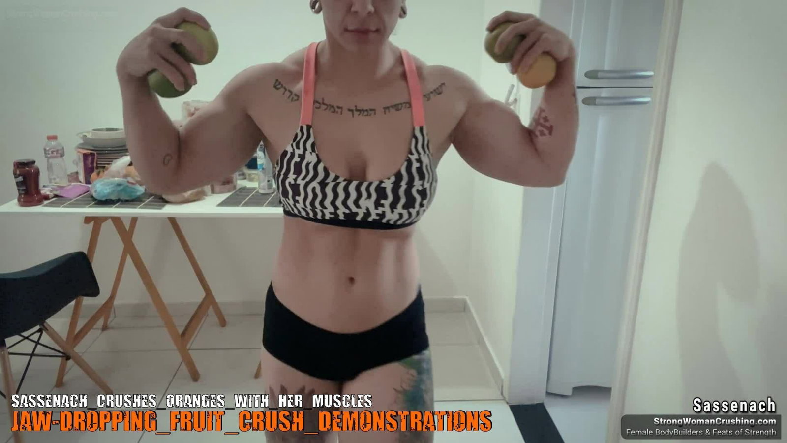 Photo by MusclegirlStrength with the username @MusclegirlStrength, who is a brand user,  September 25, 2023 at 11:42 AM and the text says '💪🏽Crush those oranges with Sassenach! 🍊 Check out our video on strongwomancrushing.com and become a member for only $8.99 💸 #strongwoman #crushit #Sassenach #oranges #membership'