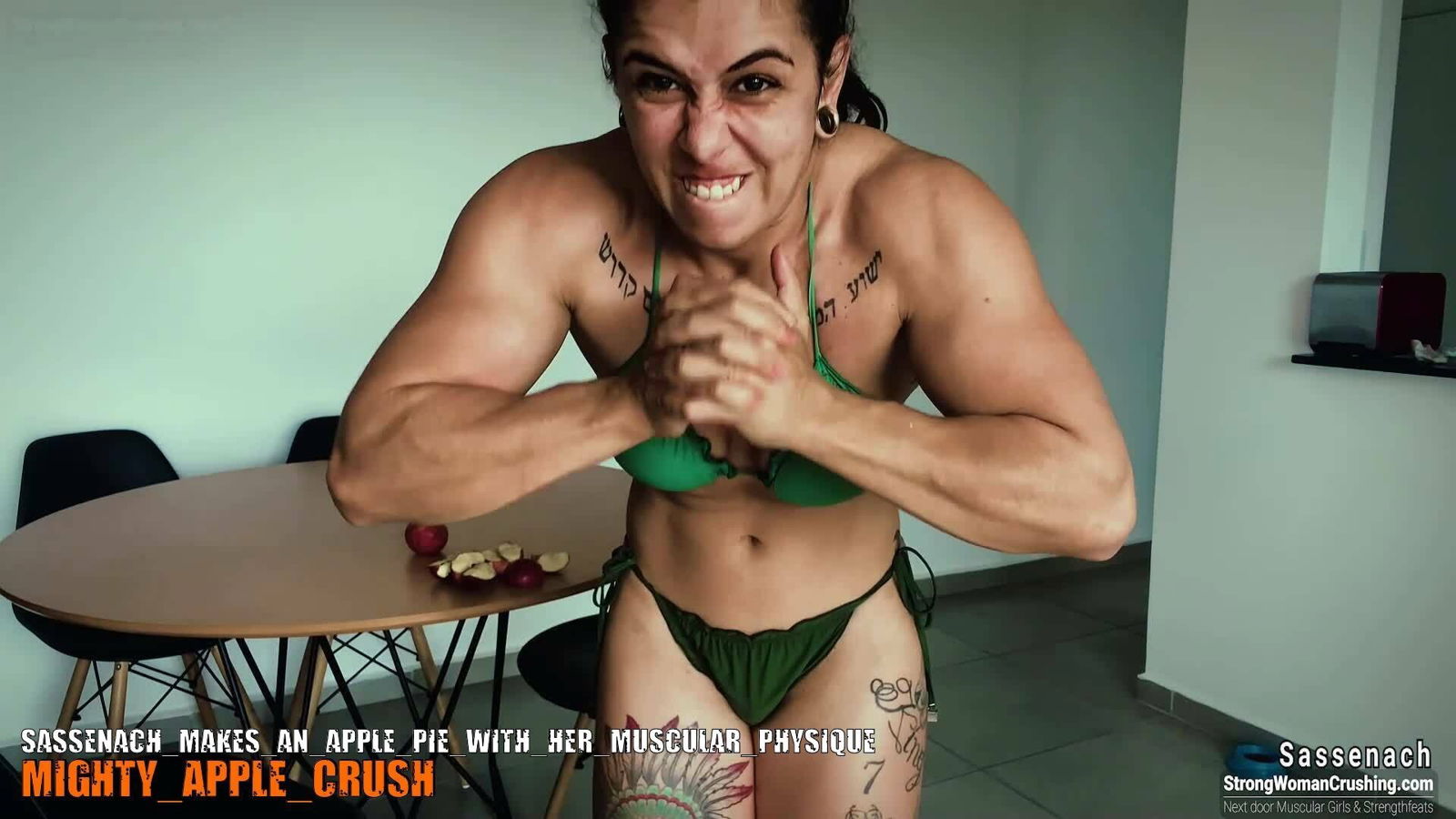 Photo by MusclegirlStrength with the username @MusclegirlStrength, who is a brand user,  October 20, 2023 at 3:20 PM and the text says '🔥 Join Our Membership and Watch Sassenach Crush an Apple Pie! 🔥

Don't miss this jaw-dropping video where our incredible model Sassenach showcases her mind-blowing strength by crushing an apple pie using her muscular physique. It's a sight you won't..'