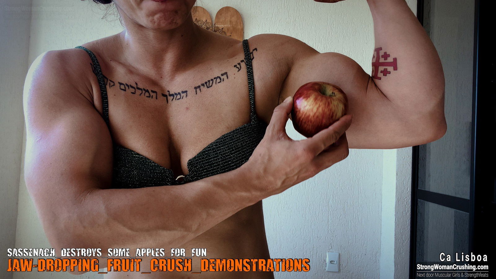 Album by MusclegirlStrength with the username @MusclegirlStrength, who is a brand user,  October 26, 2023 at 12:12 PM and the text says '🔗 Visit www.strongwomancrushing.com

🎥 Watch Sassenach crush apples and more!

Join our membership to unlock exclusive videos featuring the incredible model Sassenach.

#femalebodybuilders #musclewomen #strengthandbeauty #flexingwomen..'