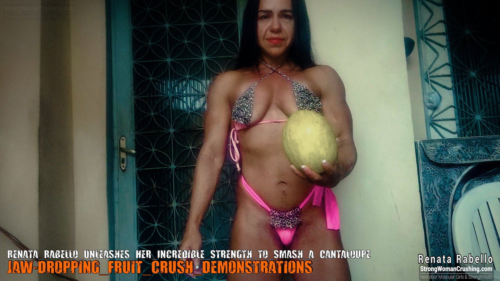Photo by MusclegirlStrength with the username @MusclegirlStrength, who is a brand user,  September 11, 2023 at 1:02 PM and the text says '😍😱 Unleash your strength with @RenataRabello 💪🏻 Check out her incredible feat and buy a membership to watch her crush a 🍈 at www.strongwomancrushing.com 🔥 #FitnessGoals #WomenCrushingIt #FemaleEmpowerment #RenataRabello #StrongWomanCrushing'