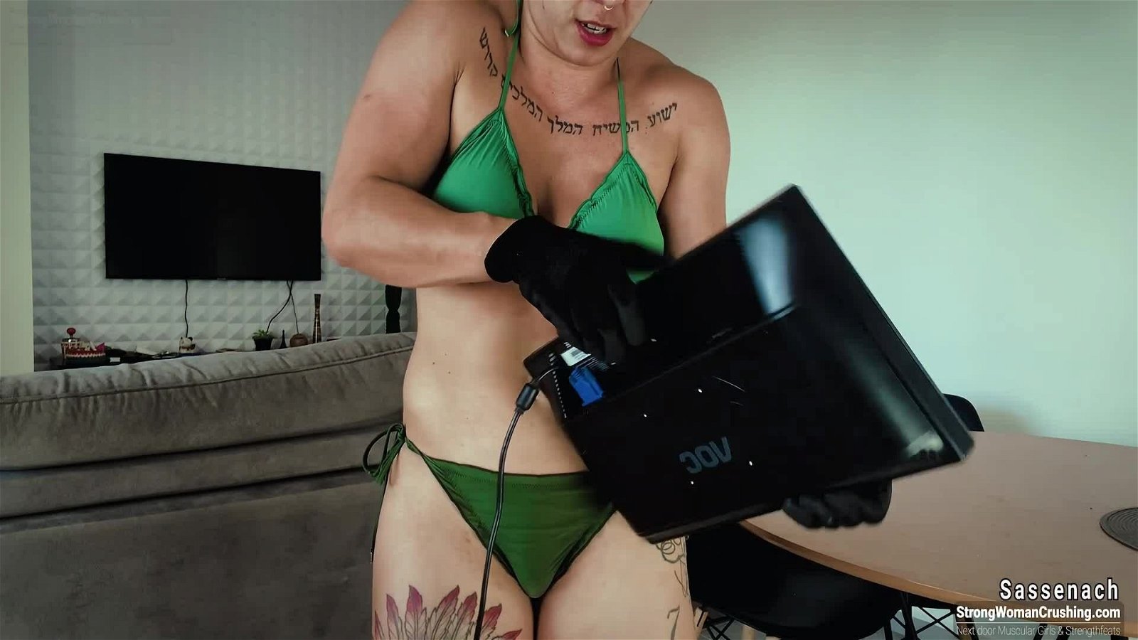 Photo by MusclegirlStrength with the username @MusclegirlStrength, who is a brand user,  August 22, 2023 at 11:55 PM and the text says '🤩🤩 Check out this amazing video about Sassenach raging against a computer monitor! 🤩🤩 Get your membership now to watch it at https://www.strongwomancrushing.com/ 🔥 #Sassenach #Feminism #StrongWoman #CrushingGoals #VideoGoals'