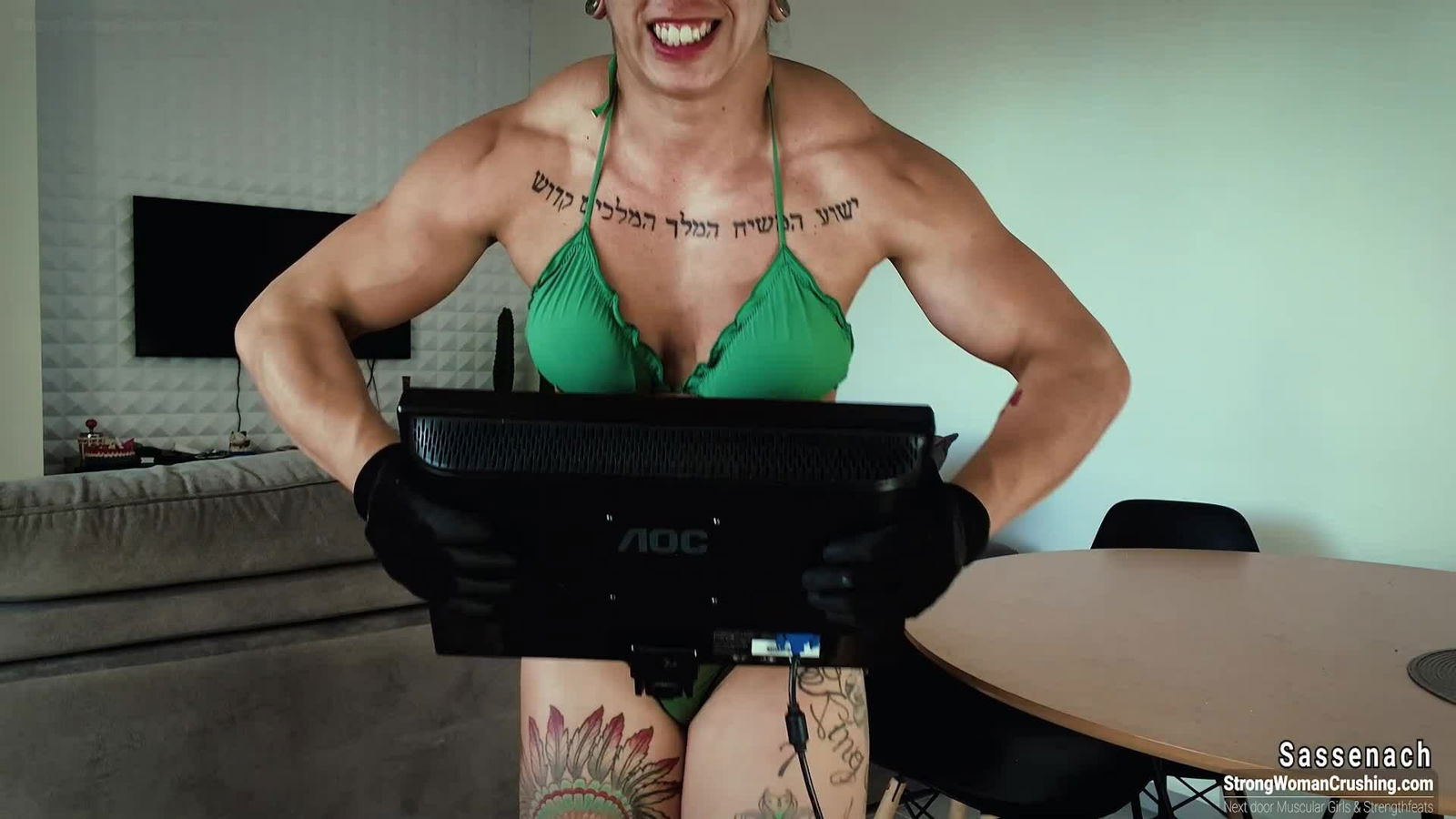 Photo by MusclegirlStrength with the username @MusclegirlStrength, who is a brand user,  August 22, 2023 at 11:55 PM and the text says '🤩🤩 Check out this amazing video about Sassenach raging against a computer monitor! 🤩🤩 Get your membership now to watch it at https://www.strongwomancrushing.com/ 🔥 #Sassenach #Feminism #StrongWoman #CrushingGoals #VideoGoals'