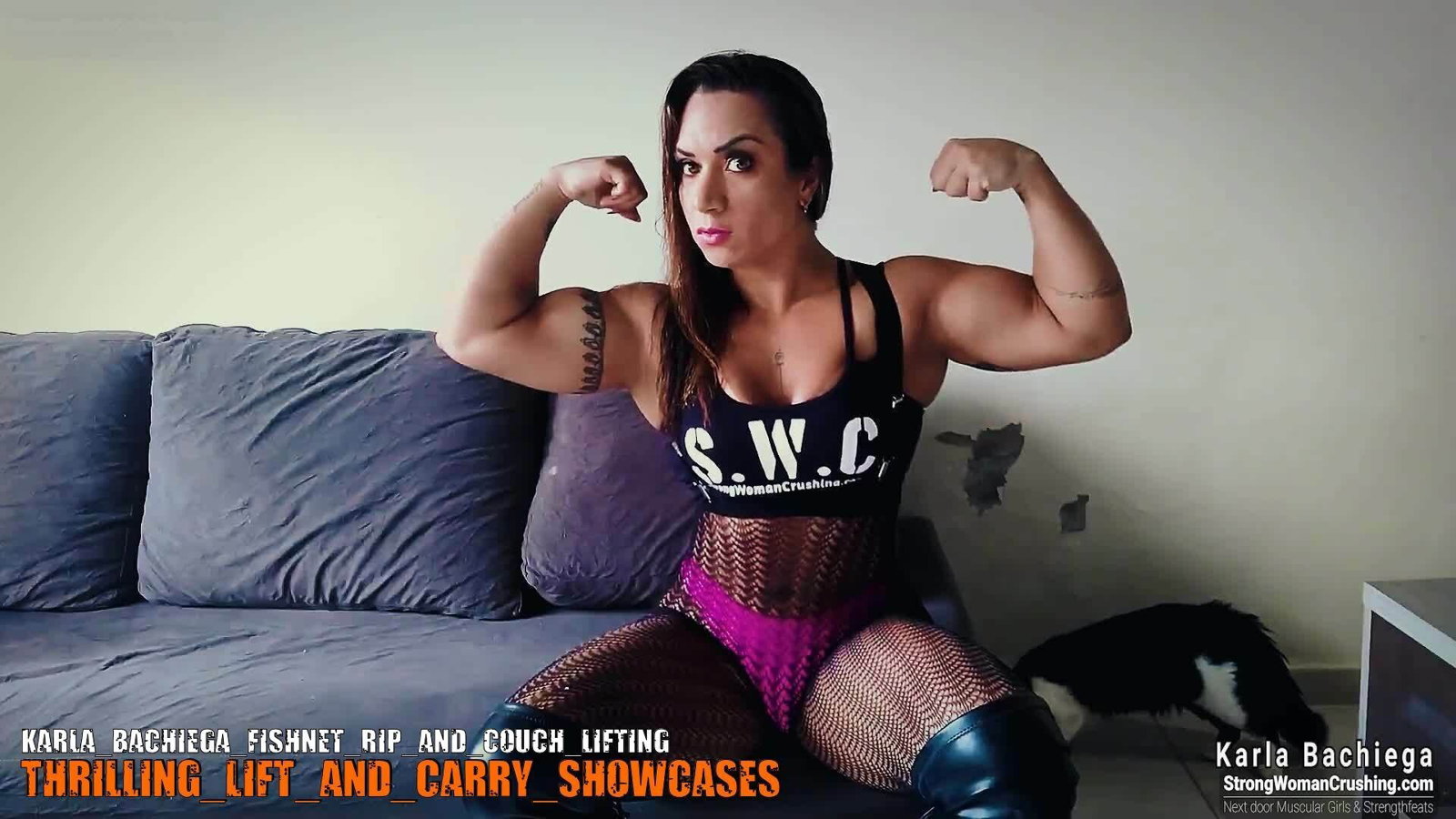 Photo by MusclegirlStrength with the username @MusclegirlStrength, who is a brand user,  September 5, 2023 at 7:17 PM and the text says '🤸‍♀️ Give your training routine an extra boost by watching our video featuring Karla Bachiega fishnet rip and couch lifting! 🙌 Visit www.strongwomancrushing.com for a membership and you won't be disappointed ✌️️ #strongwomen #karla #fishnetrip..'