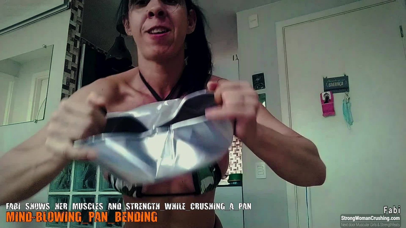 Photo by MusclegirlStrength with the username @MusclegirlStrength, who is a brand user,  September 28, 2023 at 11:19 AM and the text says '💪🏽 Check out Fabi crushing a pan with her muscles and strength! 💪🏽 Get a membership to watch the video at www.strongwomancrushing.com 💪🏽 #strongwoman #fabi #crushing #muscles #strength 💪🏽'
