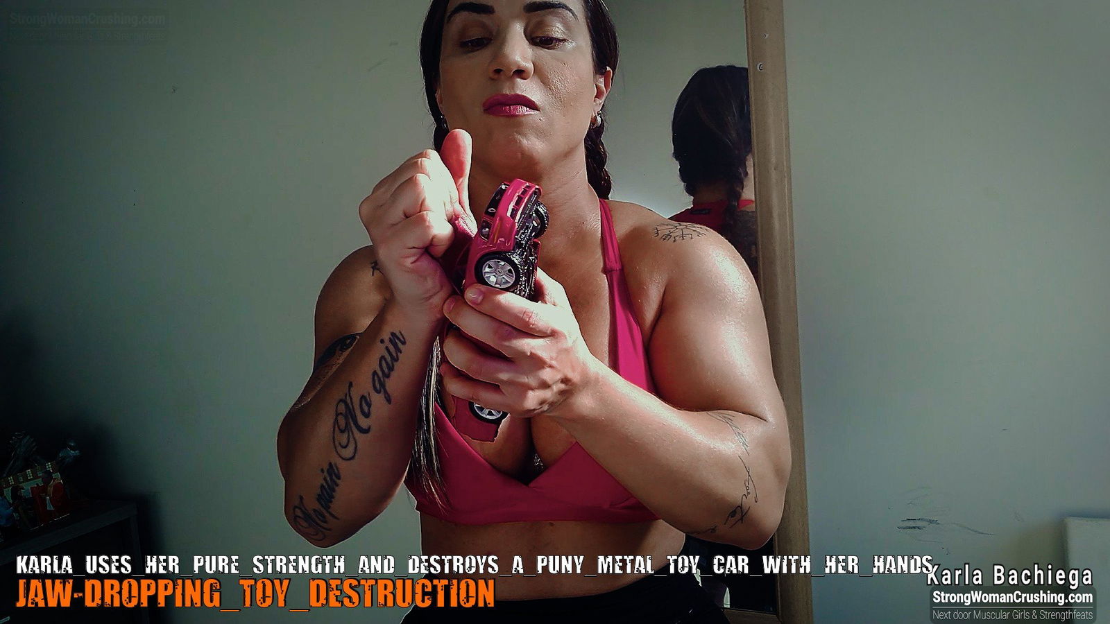 Album by MusclegirlStrength with the username @MusclegirlStrength, who is a brand user,  September 7, 2023 at 2:32 PM and the text says '💪🔥 Watch Karla use her pure strength to destroy a puny metal toy car with her hands! 🚗 Unlock exclusive content with a membership to www.strongwomancrushing.com 🤩 #StrongWomanCrushing #PowerfulWomen #FemaleStrength #FemaleEmpowerment #WomenInAction'