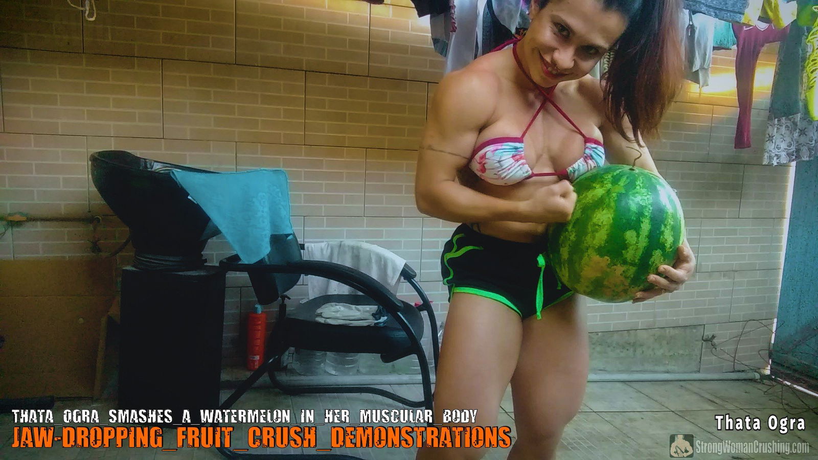 Photo by MusclegirlStrength with the username @MusclegirlStrength, who is a brand user,  September 29, 2023 at 4:16 PM and the text says '🍉💪🏽 Check out this awesome video of Thata Ogra smashing a watermelon with her muscular body! 🍉💪🏽 Get a membership to watch it now at www.strongwomancrushing.com #thataogra #strongwoman #watermeloncrush #muscularbody #crushingit'