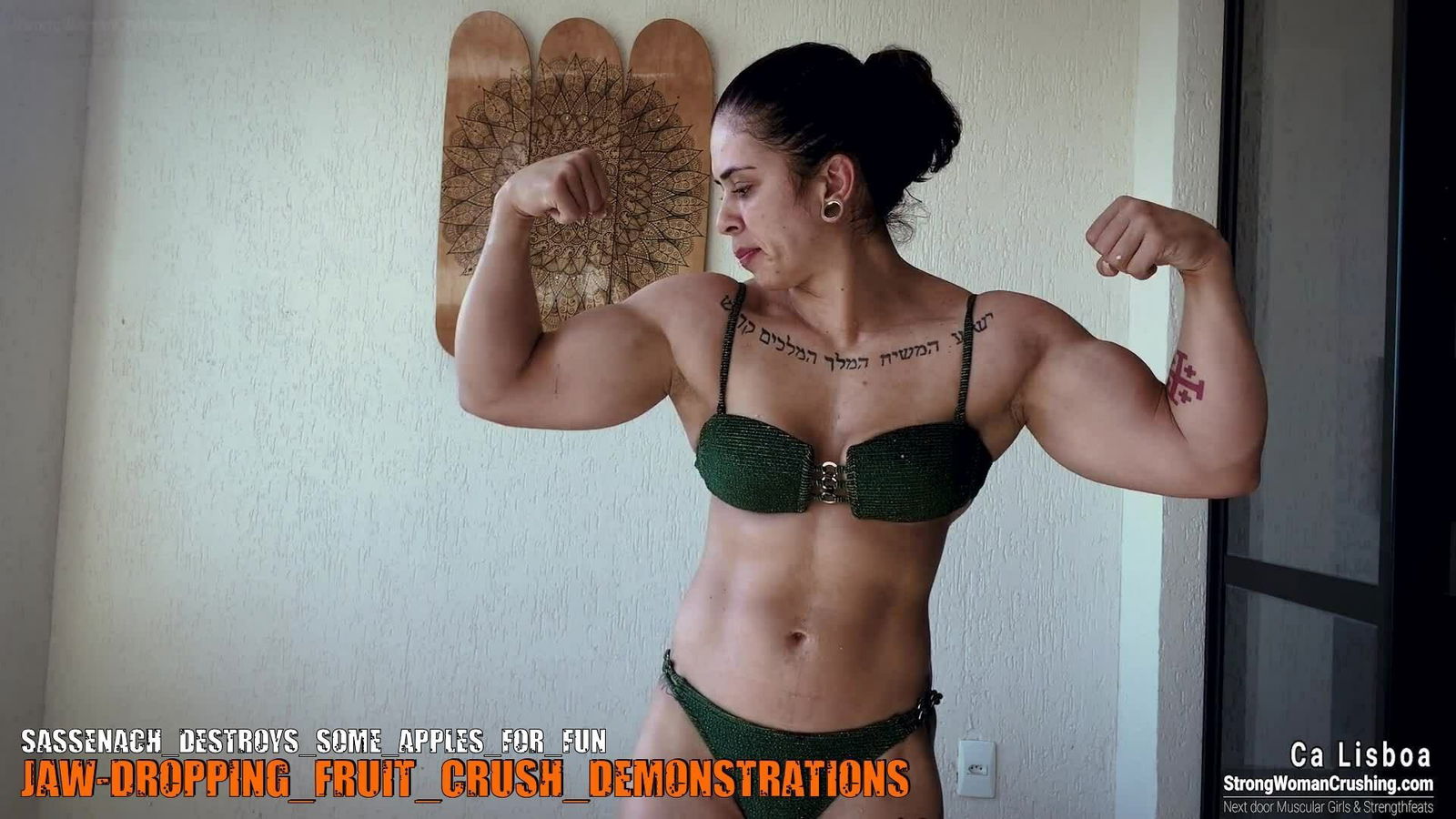 Album by MusclegirlStrength with the username @MusclegirlStrength, who is a brand user,  October 26, 2023 at 12:12 PM and the text says '🔗 Visit www.strongwomancrushing.com

🎥 Watch Sassenach crush apples and more!

Join our membership to unlock exclusive videos featuring the incredible model Sassenach.

#femalebodybuilders #musclewomen #strengthandbeauty #flexingwomen..'