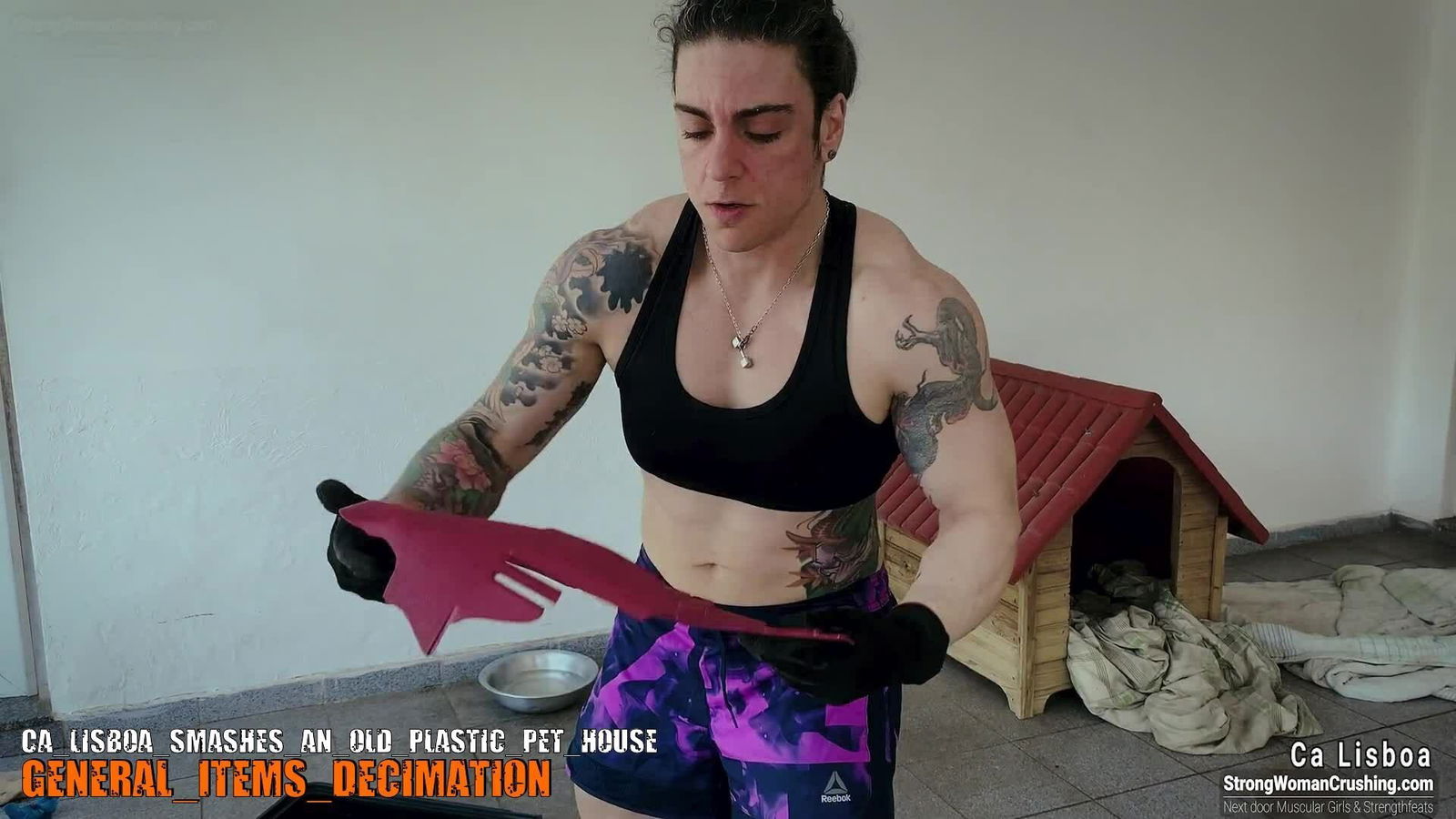 Album by MusclegirlStrength with the username @MusclegirlStrength, who is a brand user,  October 30, 2023 at 11:33 AM and the text says 'Visit www.StrongWomanCrushing.com and become a member today!

🔥 Calling all muscle-loving men! Watch Ca Lisboa unleash her power and demolish an old plastic pet house! 💪

Don't miss out on this jaw-dropping display of strength and destruction by the..'