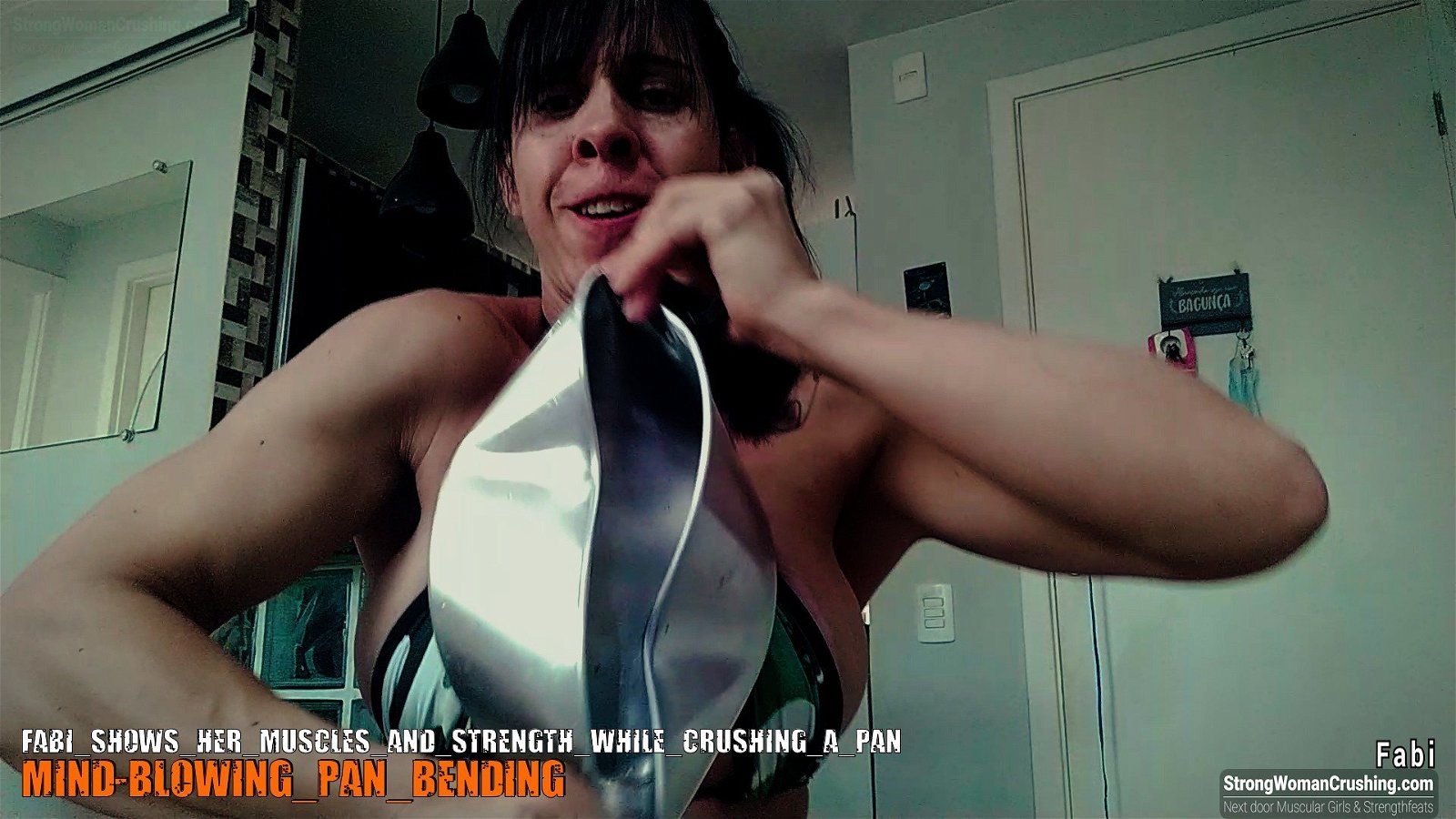 Photo by MusclegirlStrength with the username @MusclegirlStrength, who is a brand user,  September 28, 2023 at 11:19 AM and the text says '💪🏽 Check out Fabi crushing a pan with her muscles and strength! 💪🏽 Get a membership to watch the video at www.strongwomancrushing.com 💪🏽 #strongwoman #fabi #crushing #muscles #strength 💪🏽'