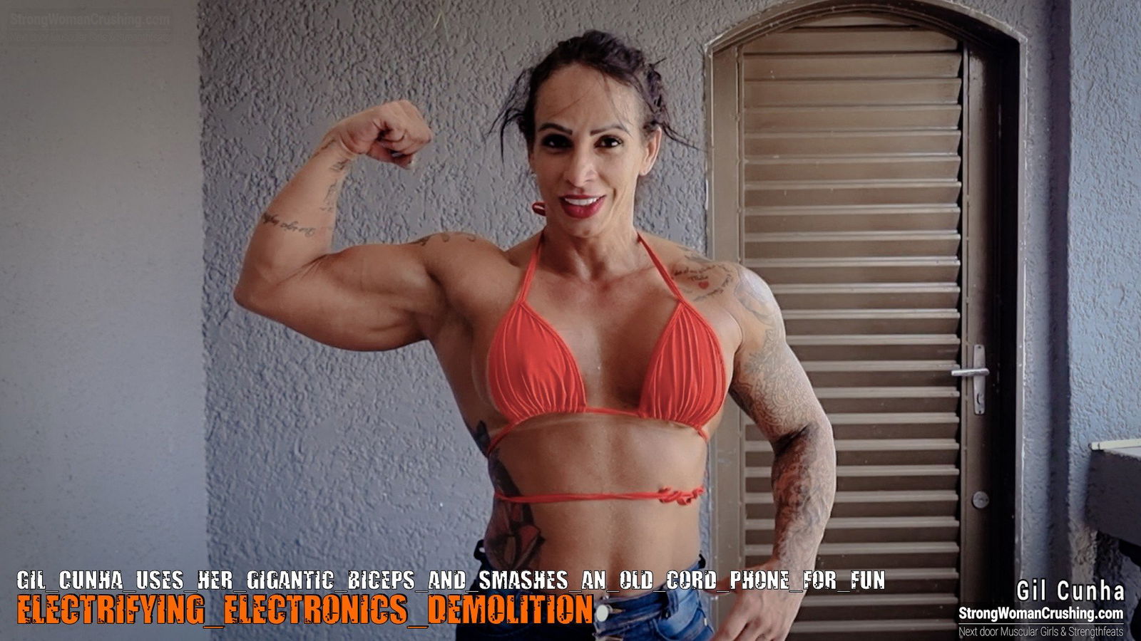 Album by MusclegirlStrength with the username @MusclegirlStrength, who is a brand user,  October 29, 2023 at 12:29 PM and the text says '🔓 www.StrongWomanCrushing.com 🔓

🔥 Get a Membership to Watch Gil Cunha Crush an Old Cord Phone with her Gigantic Biceps! 🔥
Are you a man who loves muscular women and their powerful muscles? Don't miss out on this incredible video featuring Gil..'