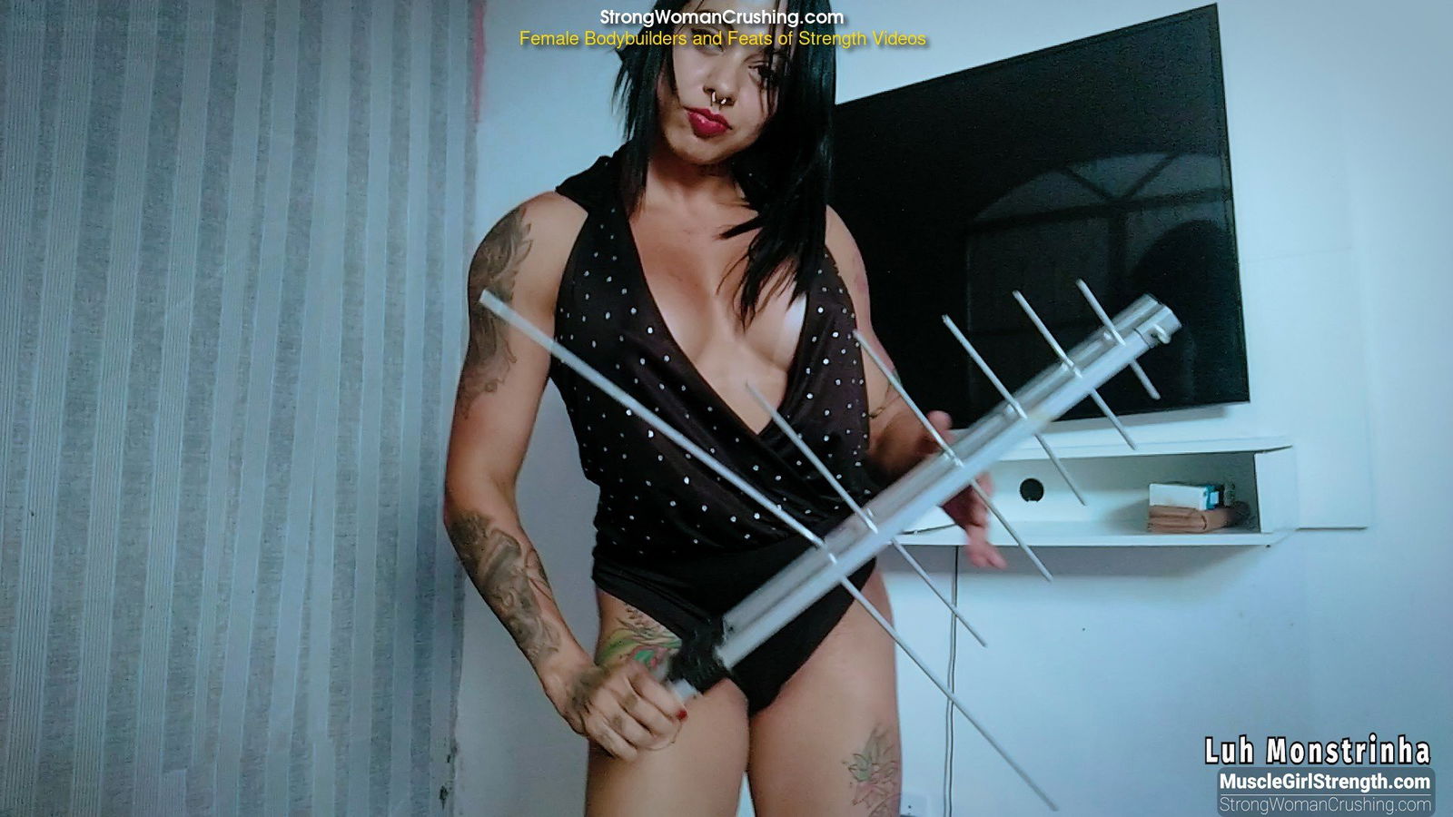 Album by MusclegirlStrength with the username @MusclegirlStrength, who is a brand user,  May 31, 2024 at 10:36 PM and the text says 'Muscular Goddess Crushes Metal Antenna with Insane Power!:
https://www.strongwomancrushing.com/2020/07/17/luh-montrinha-bends-twists-and-destroys-a-hard-metal-antenna/

Luh Monstrinha, her muscular and strong arms could bend and destroy reinforced..'