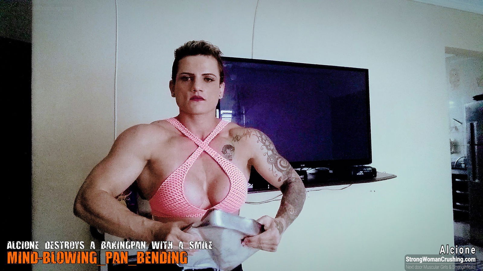 Album by MusclegirlStrength with the username @MusclegirlStrength, who is a brand user,  August 25, 2023 at 10:49 PM and the text says '😃🤩 Ready to witness an epic battle? 🤗 See Alcione destroy a bakingpan with a massive smile 😜 Support Strong Woman Crushing and purchase a membership to watch the video😊 #StrongWomanCrushing #Alcione #Crushing #Membership #Smile'